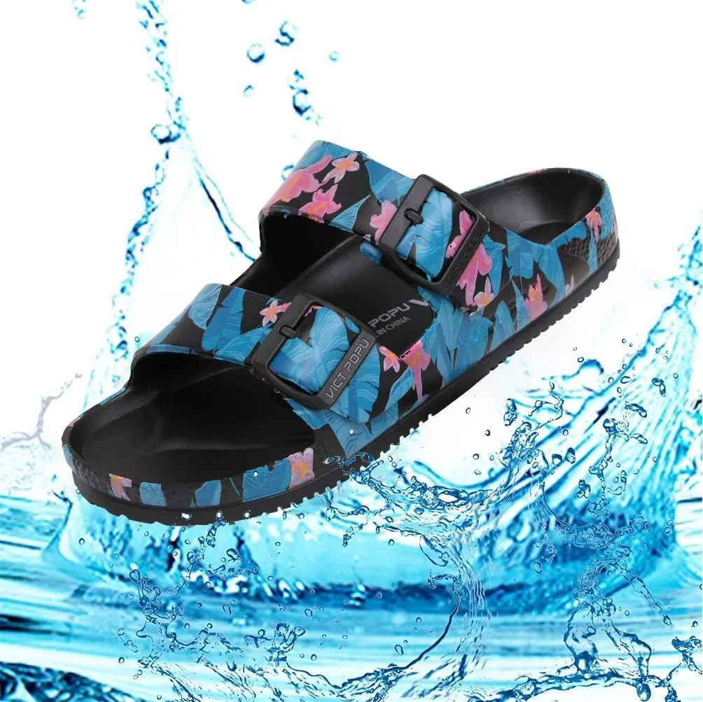 VICT POPU Womens Sandals Adjustable Double Buckle Strap Waterproof EVA Flat Slides