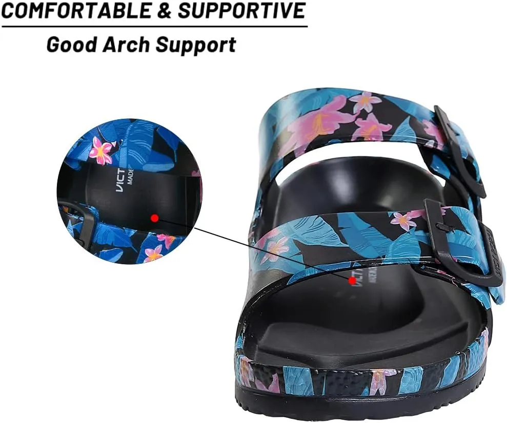 VICT POPU Womens Sandals Adjustable Double Buckle Strap Waterproof EVA Flat Slides