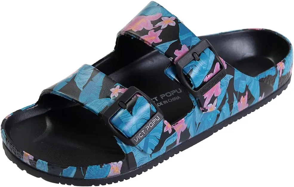VICT POPU Womens Sandals Adjustable Double Buckle Strap Waterproof EVA Flat Slides