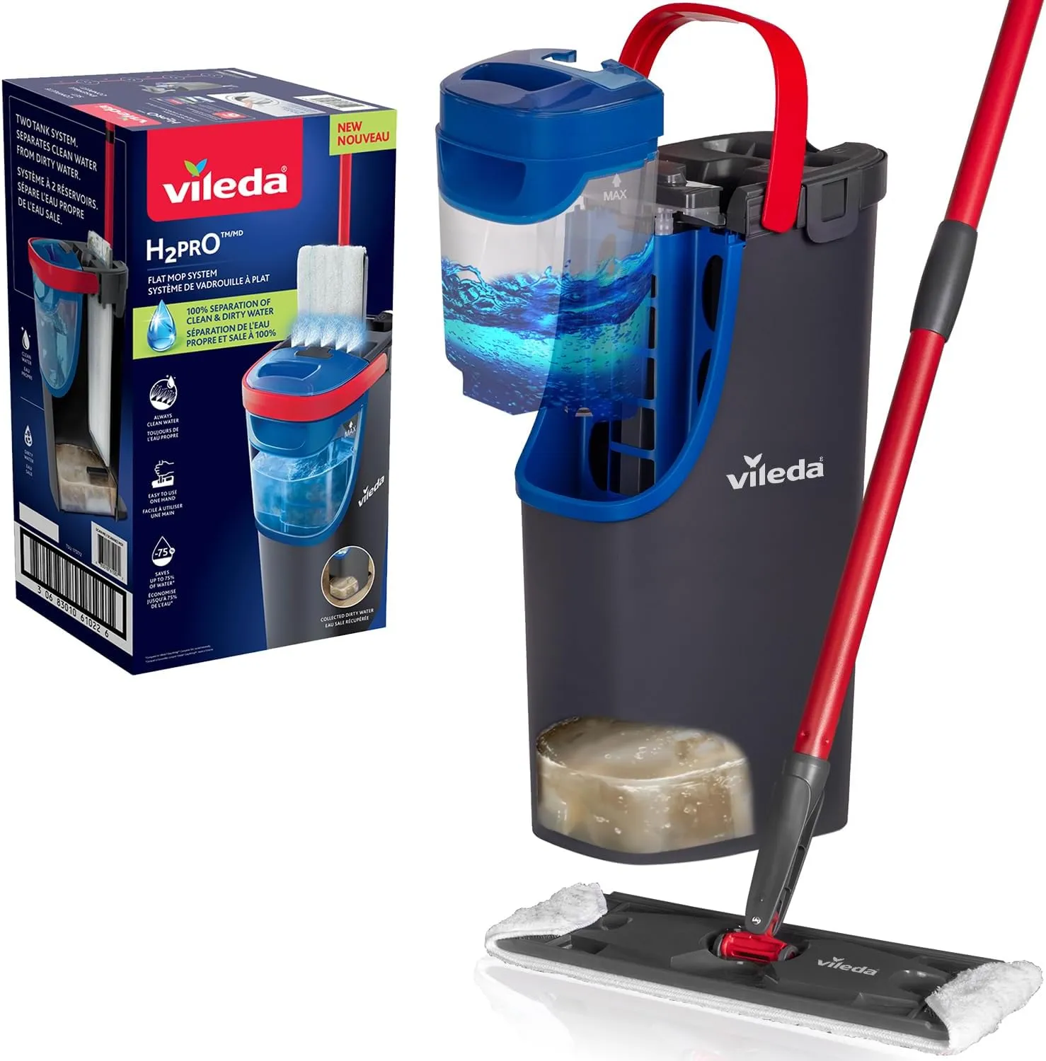 Vileda H2PrO Flat mop System - Revolutionary Clean and Dirty Water Separation - Water-Saving Design - Compact Storage - Ergonomic Handle - Microfibre Power - Can be Used one-Handed