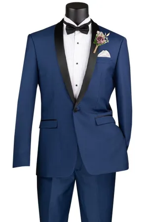 Vinci Men's Blue Slim Fit Shawl Collar Tuxedo