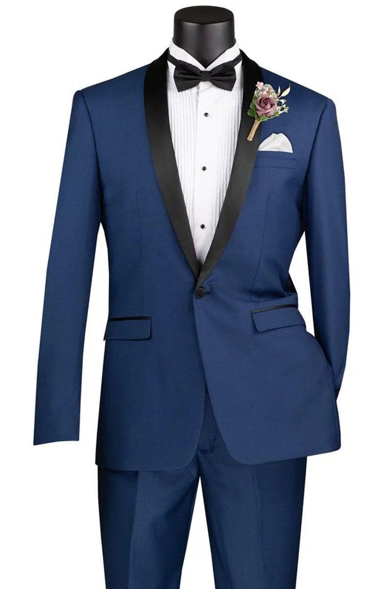 Vinci Men's Blue Slim Fit Shawl Collar Tuxedo