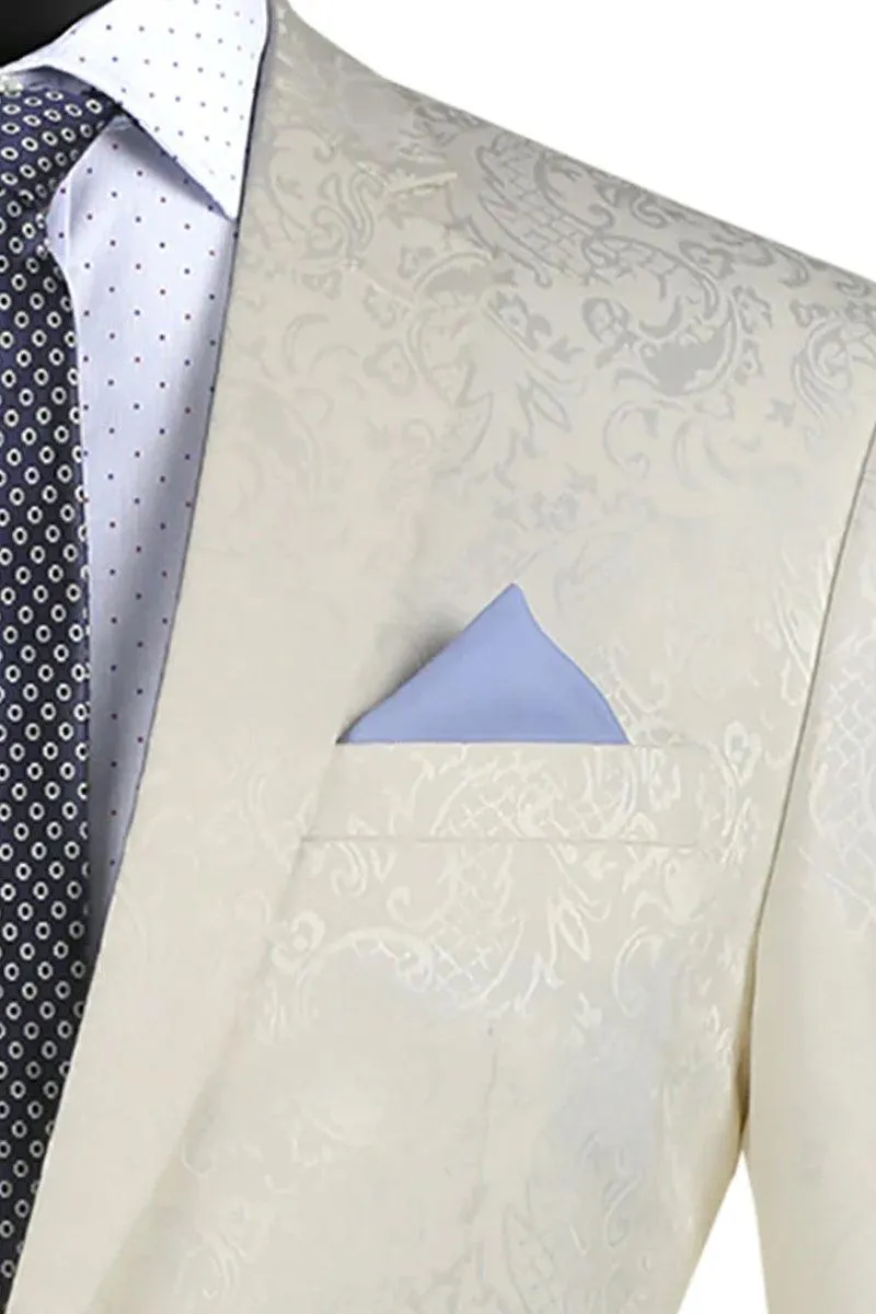 Vinci Men's Ivory Slim Fit Paisley Prom & Wedding Suit - Shine at Your Special Day