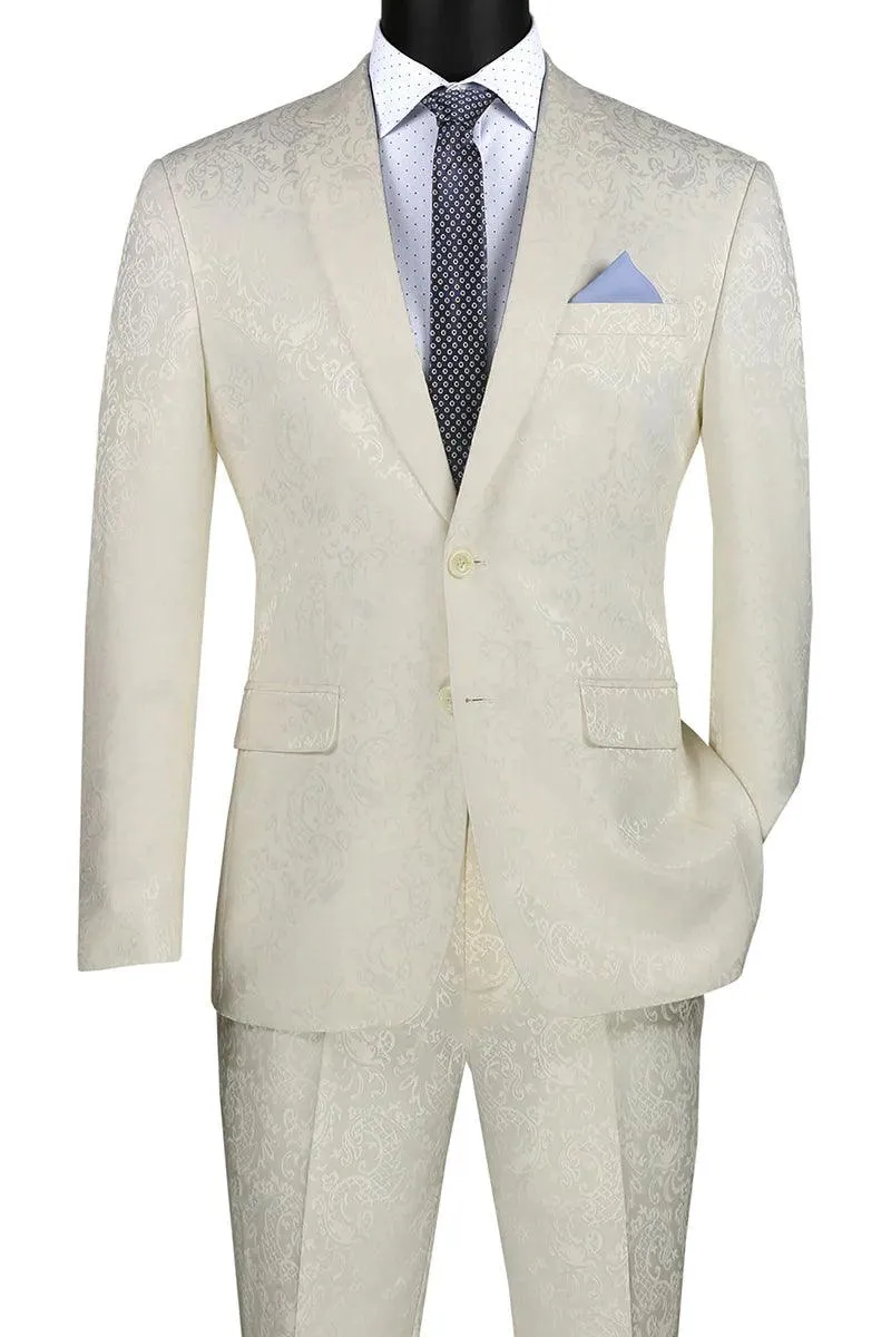 Vinci Men's Ivory Slim Fit Paisley Prom & Wedding Suit - Shine at Your Special Day