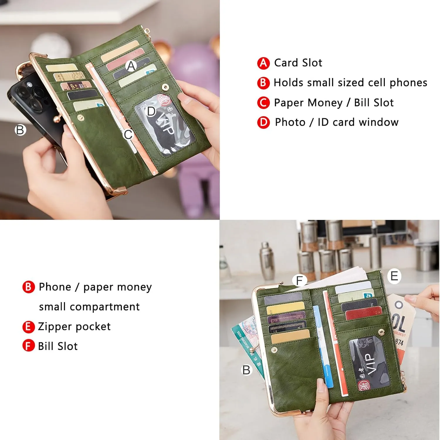 Vintage Wallets for Women Large Bifold Kiss Lock Wallet for Women Leather Zip Clutch Coin Purse