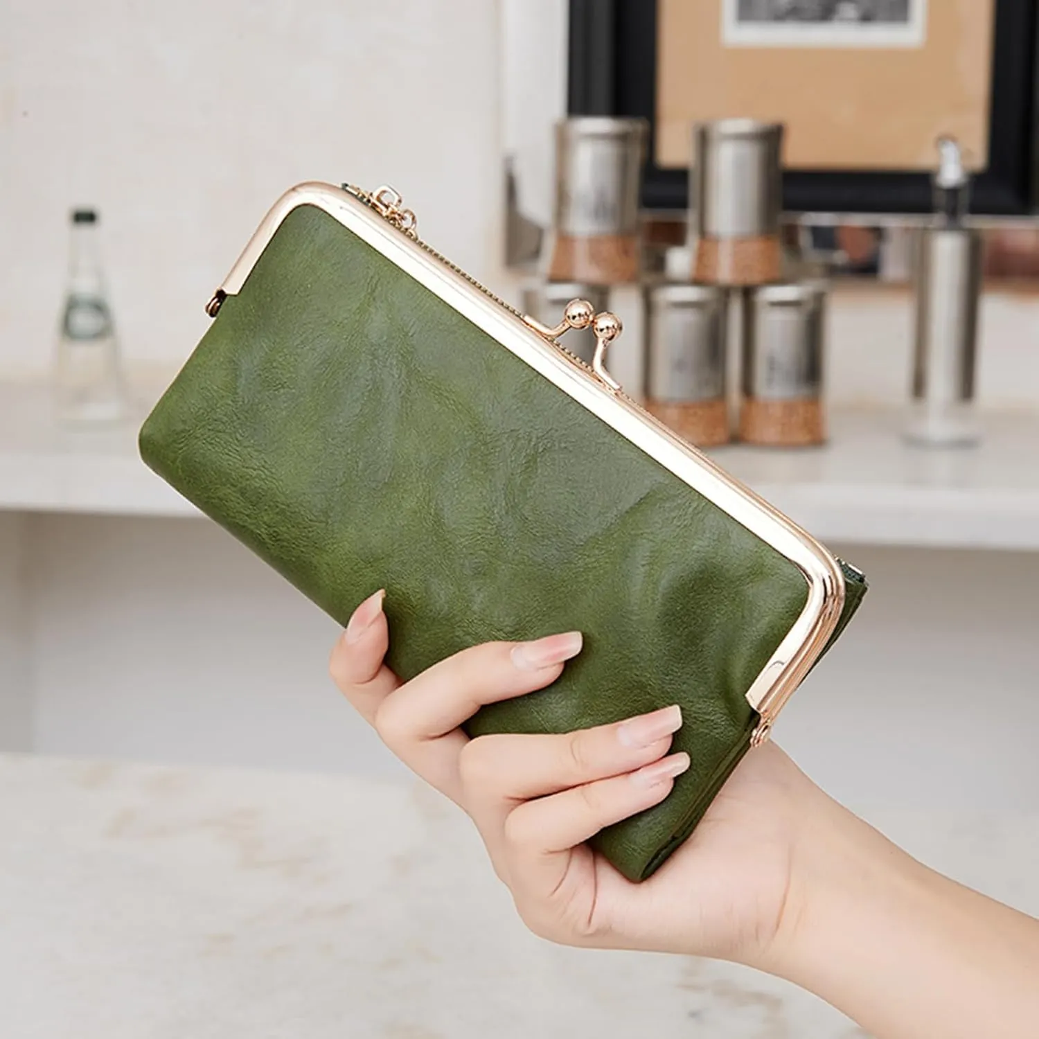 Vintage Wallets for Women Large Bifold Kiss Lock Wallet for Women Leather Zip Clutch Coin Purse