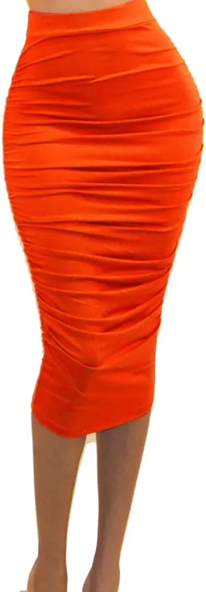 Vivicastle Women's USA Ruched Frill Ruffle High Waist Pencil Mid-Calf Skirt