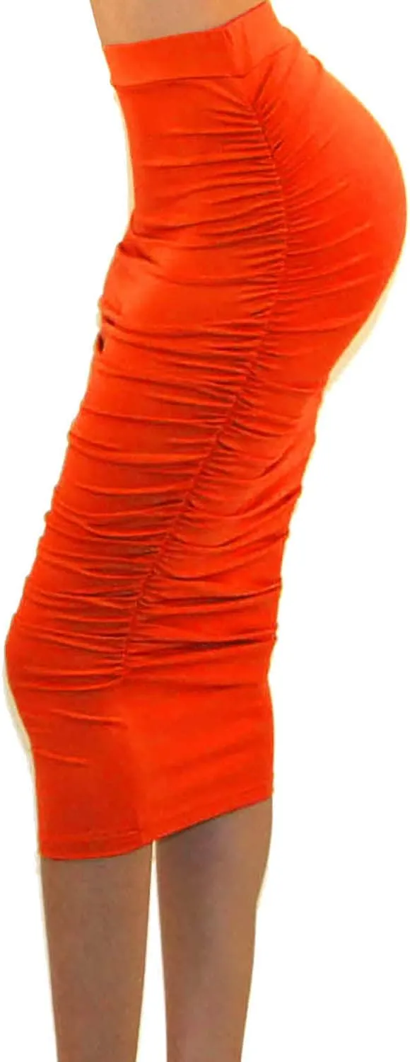 Vivicastle Women's USA Ruched Frill Ruffle High Waist Pencil Mid-Calf Skirt