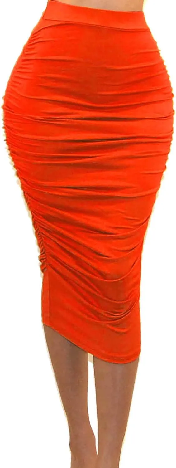 Vivicastle Women's USA Ruched Frill Ruffle High Waist Pencil Mid-Calf Skirt