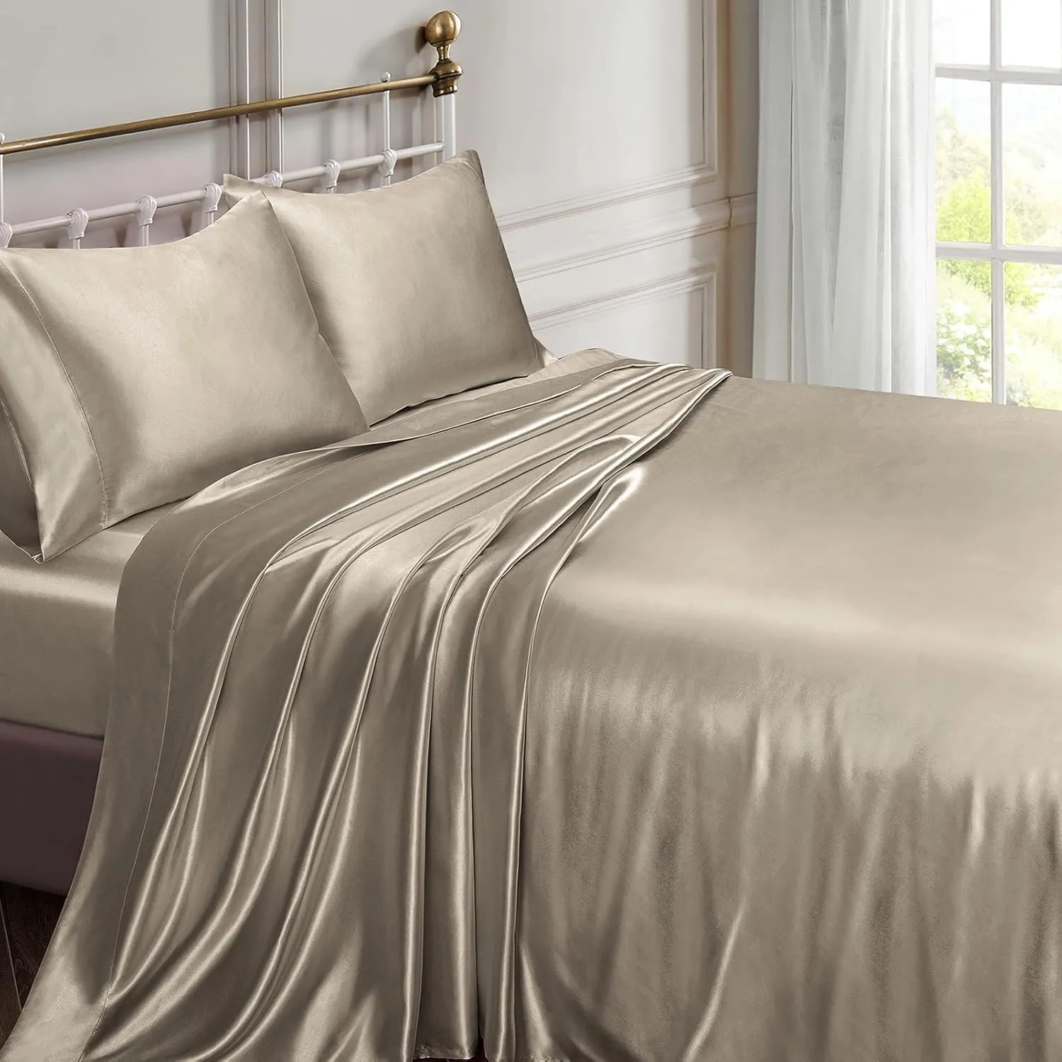 Vonty Satin Sheets Queen Silky Soft Satin Bed Sheets Sand Sheet Set, 1 Deep Pocket Fitted Sheet   1 Flat Sheet   2 Pillowcases