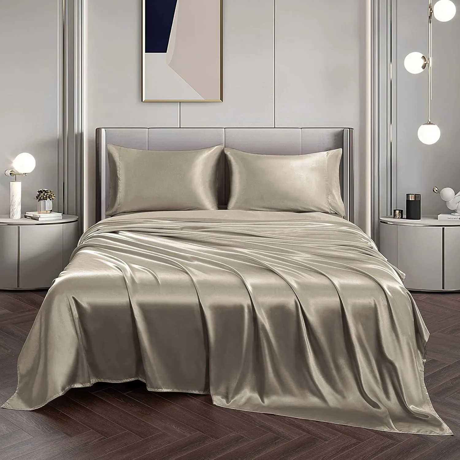 Vonty Satin Sheets Queen Silky Soft Satin Bed Sheets Sand Sheet Set, 1 Deep Pocket Fitted Sheet   1 Flat Sheet   2 Pillowcases