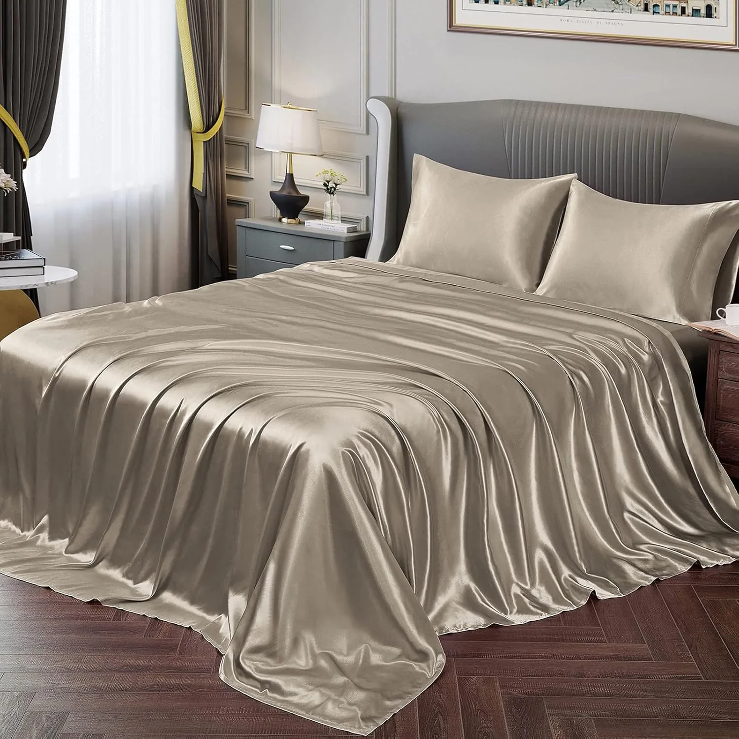 Vonty Satin Sheets Queen Silky Soft Satin Bed Sheets Sand Sheet Set, 1 Deep Pocket Fitted Sheet   1 Flat Sheet   2 Pillowcases