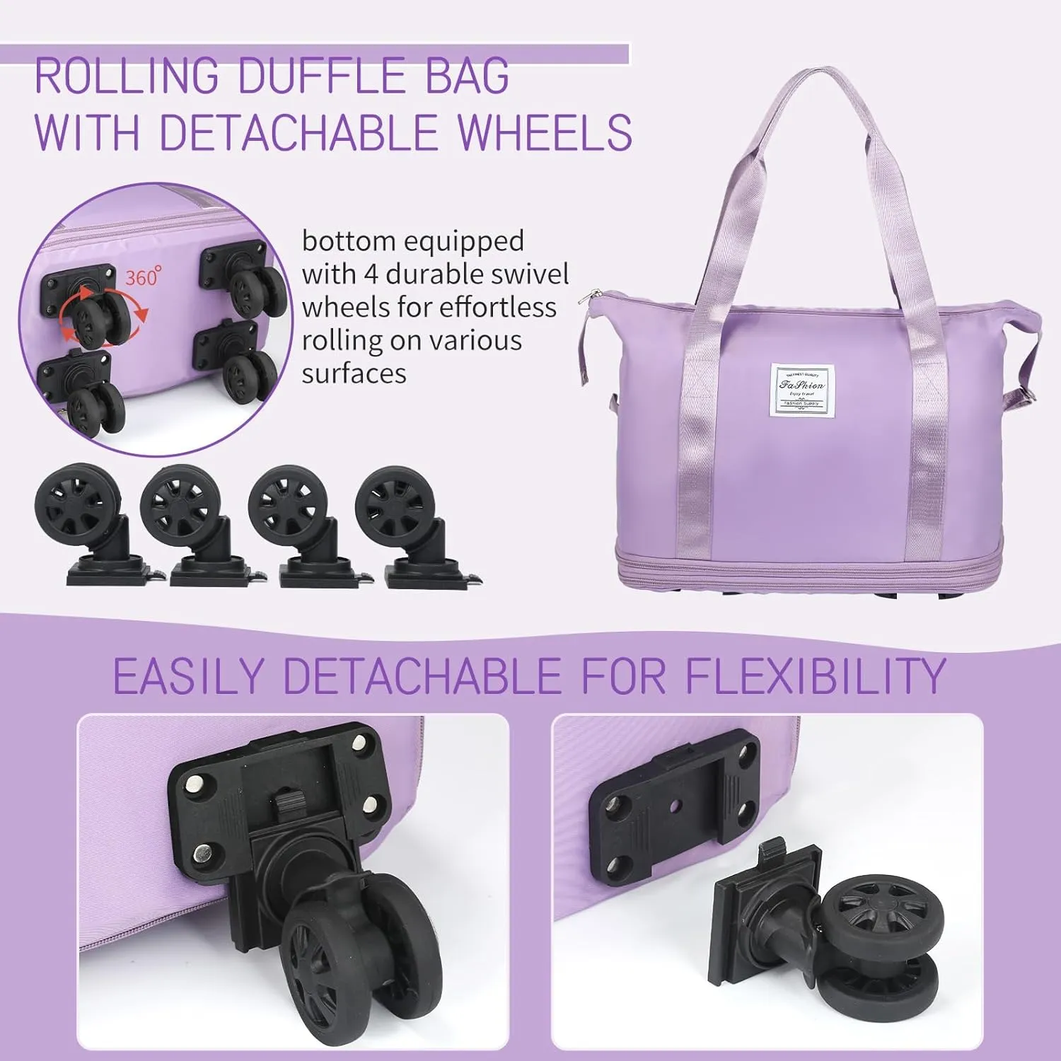 VOOWO Rolling Duffle Bag, Expandable Foldable Carry On, Large Weekend Bag with Spinner Wheels, 28-58L, Purple