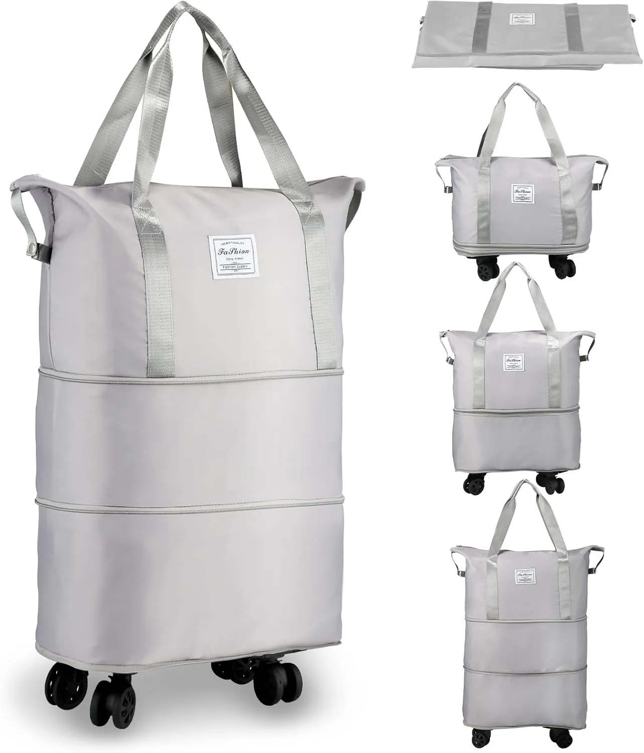 VOOWO Rolling Duffle Bag, Expandable Foldable Carry On Luggage with Wheels, Large Weekend Bag (Grey)
