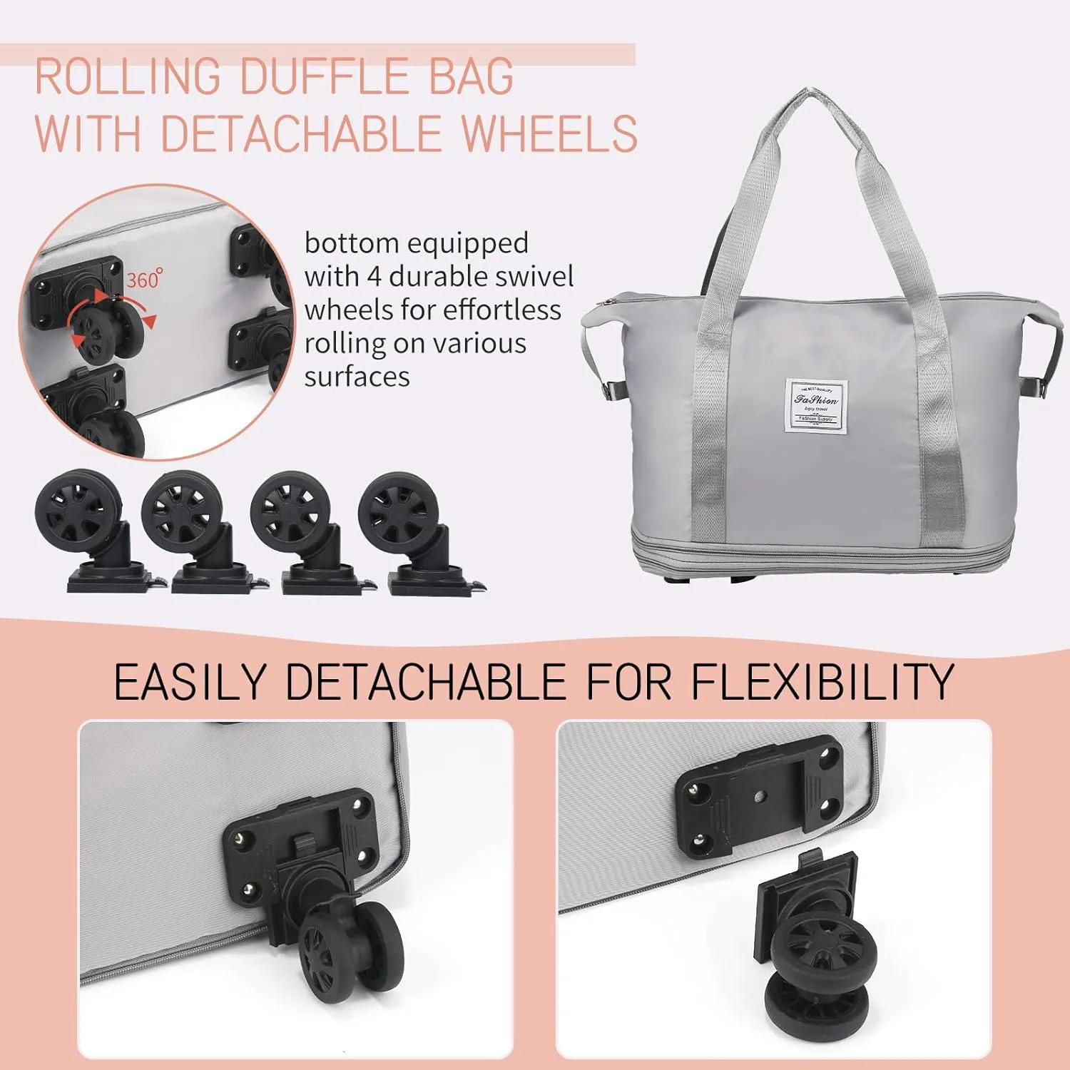 VOOWO Rolling Duffle Bag, Expandable Foldable Carry On Luggage with Wheels, Large Weekend Bag (Grey)