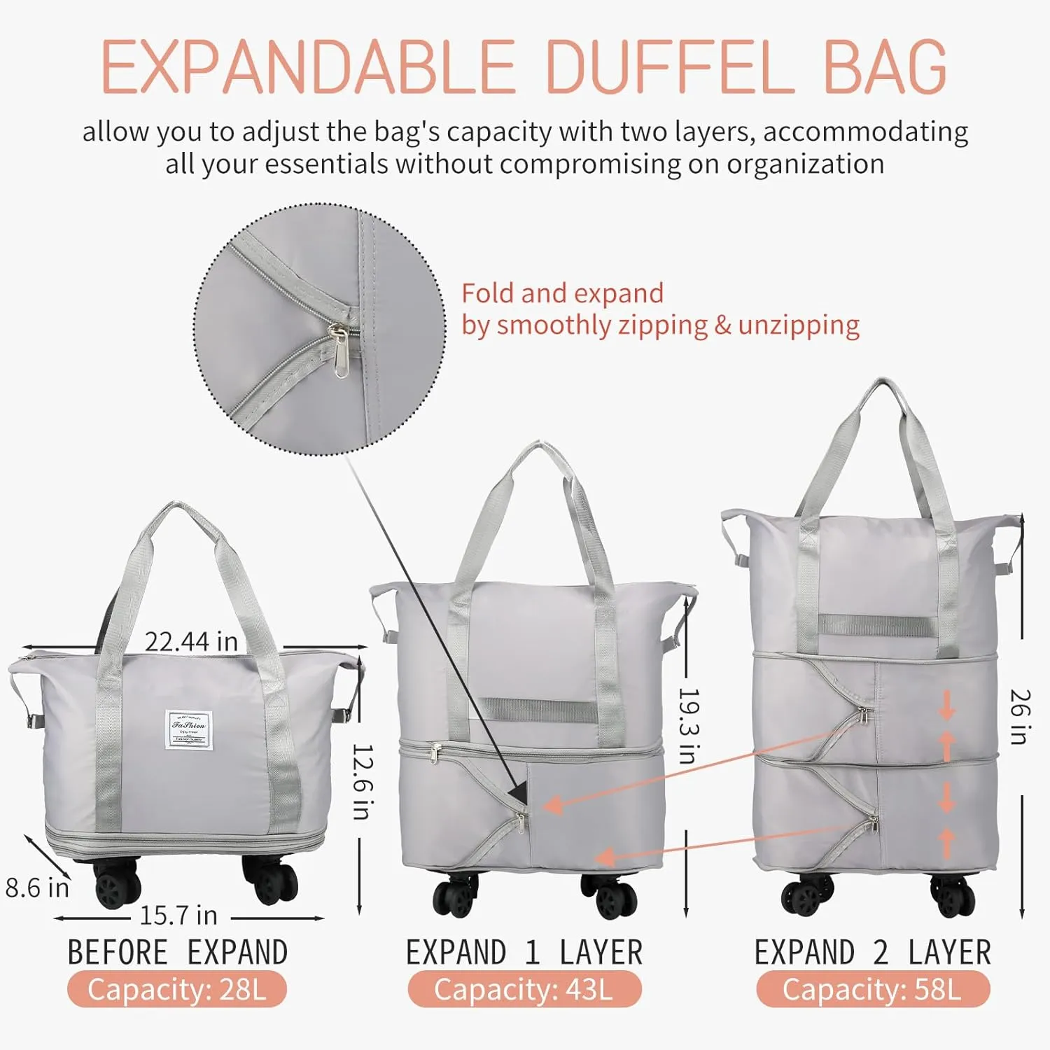VOOWO Rolling Duffle Bag, Expandable Foldable Carry On Luggage with Wheels, Large Weekend Bag (Grey)