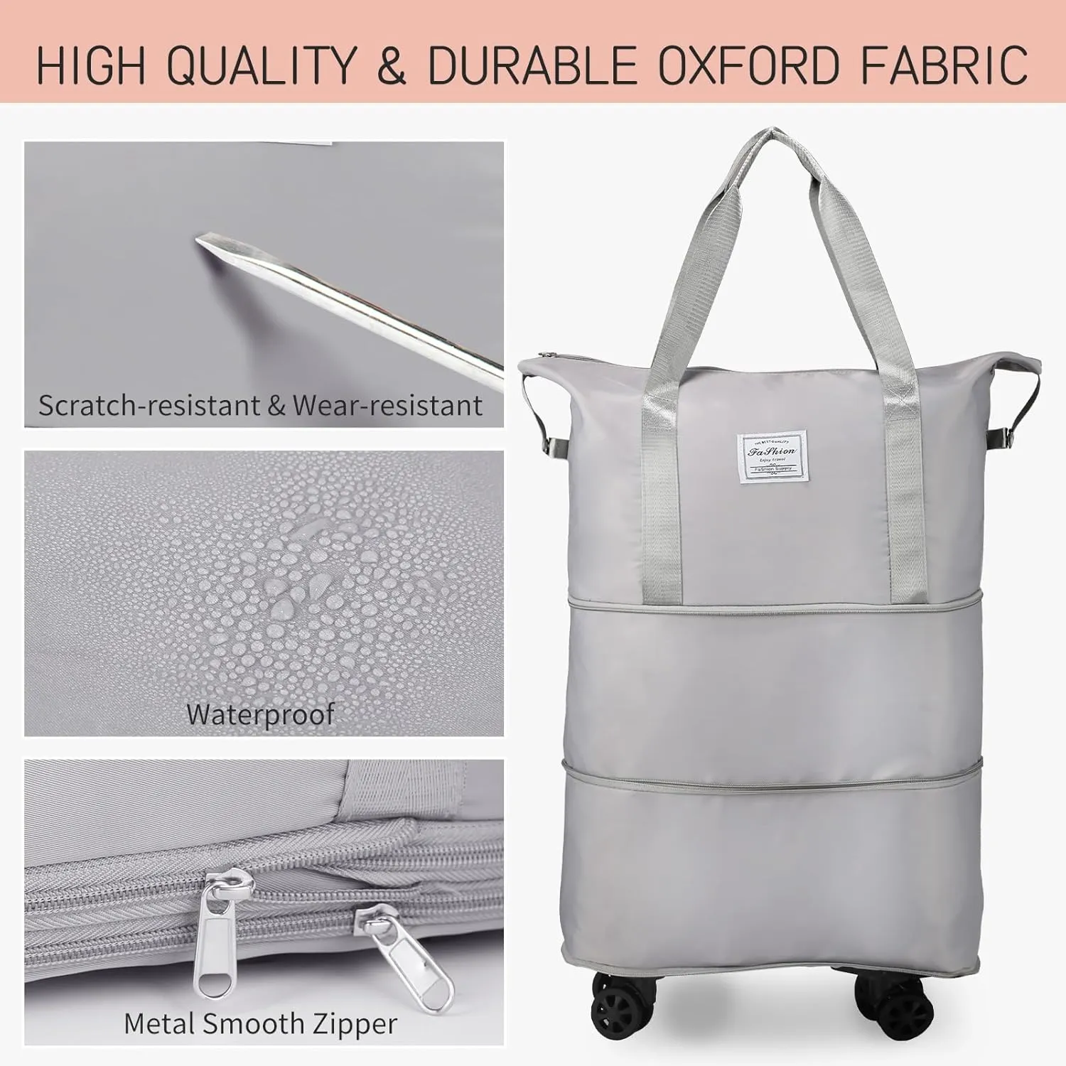 VOOWO Rolling Duffle Bag, Expandable Foldable Carry On Luggage with Wheels, Large Weekend Bag (Grey)
