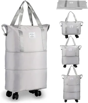 VOOWO Rolling Duffle Bag, Expandable Foldable Carry On Luggage with Wheels, Large Weekend Bag (Grey)