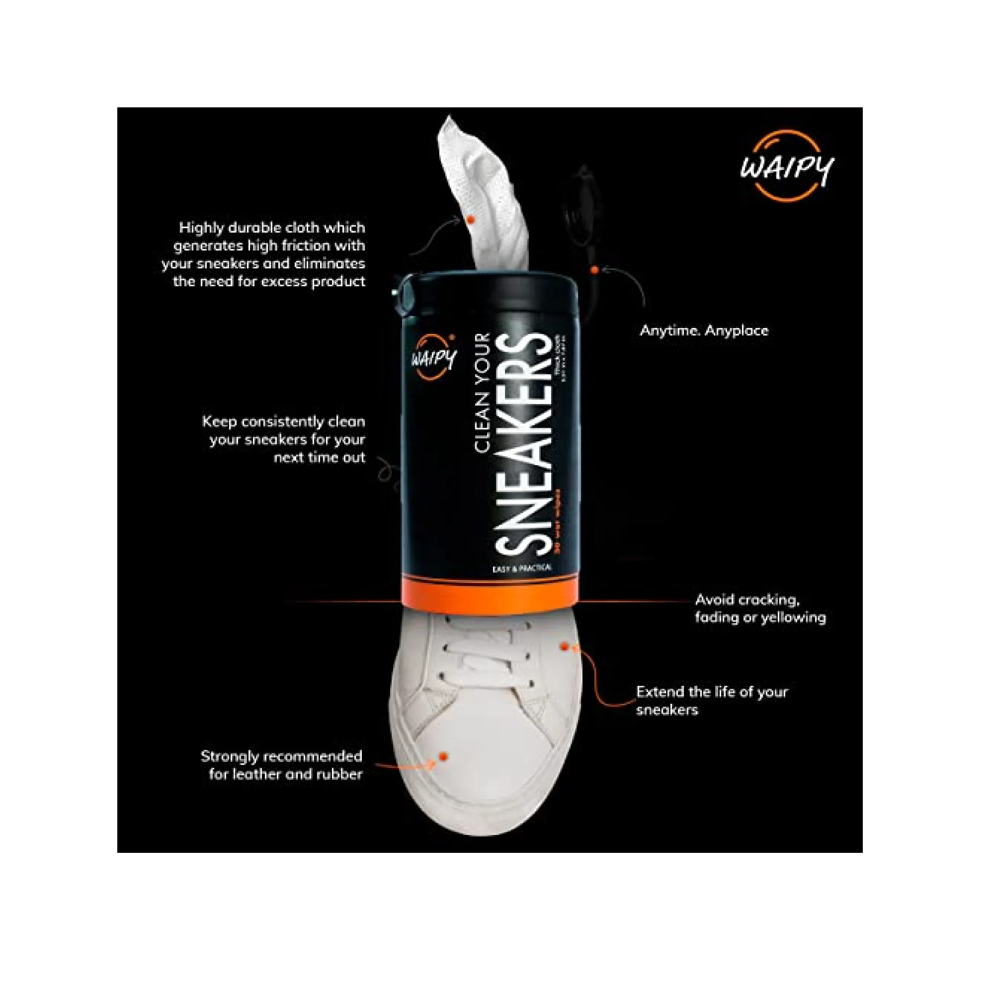 Waipy Sneaker Cleaner - Pack 2 Bottles 60 Wipes Fast&Easy Optimal Cleaning All in One