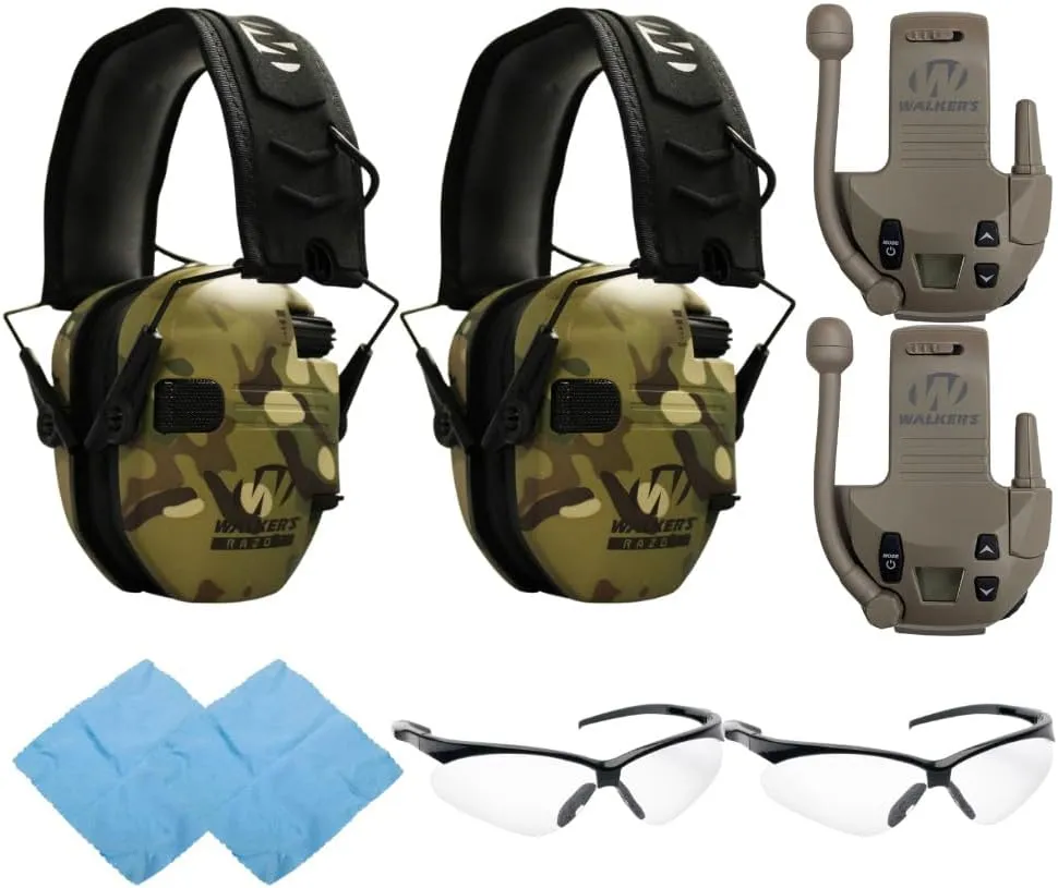 Walker's Razor Slim Electronic Muff (MultiCam Camo Tan) (2-Pack) Bundle with Walkie Talkie Attachment (Flat Dark Earth) (2-Pack), Sport Glasses (Clear) (2-Pack), and Cleaning Cloth (2-Pack) (8 Items)