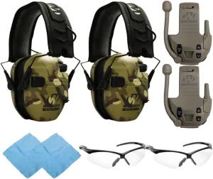 Walker's Razor Slim Electronic Muff (MultiCam Camo Tan) (2-Pack) Bundle with Walkie Talkie Attachment (Flat Dark Earth) (2-Pack), Sport Glasses (Clear) (2-Pack), and Cleaning Cloth (2-Pack) (8 Items)