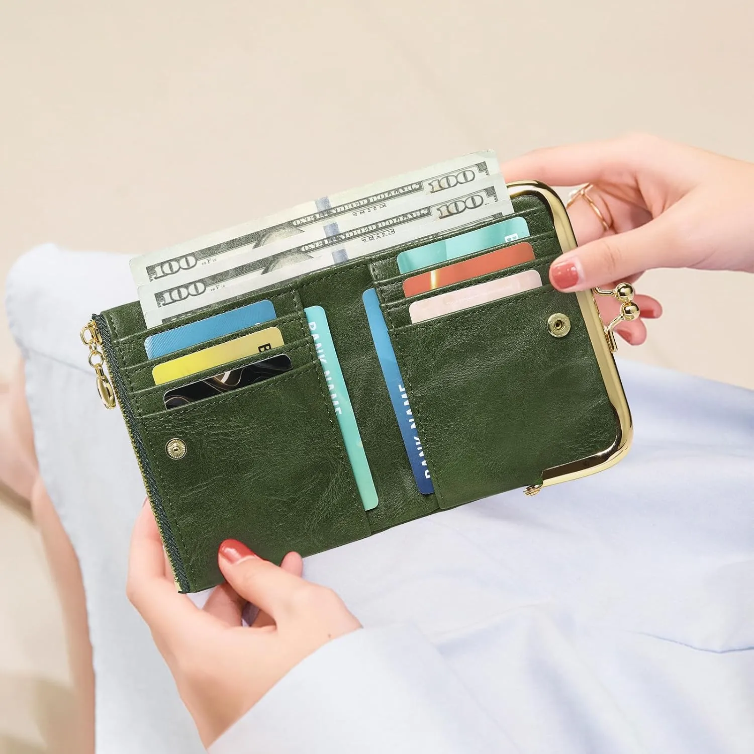 Wallet Women Small RFID Blocking Bifold Leather Wallets for Women Vintage Coin Purse With Zipper and Kiss Lock