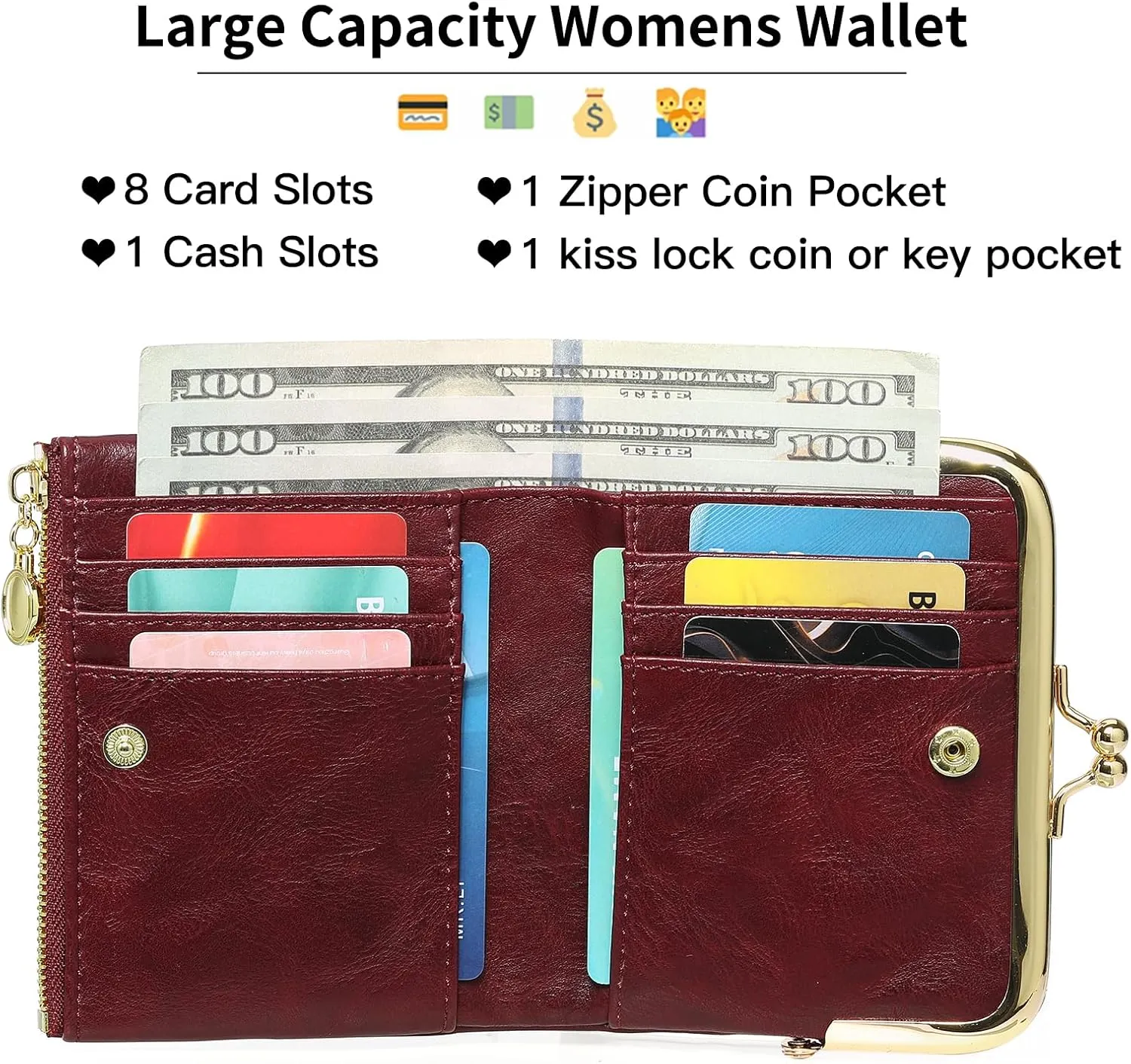 Wallet Women Small RFID Blocking Bifold Leather Wallets for Women Vintage Coin Purse With Zipper and Kiss Lock