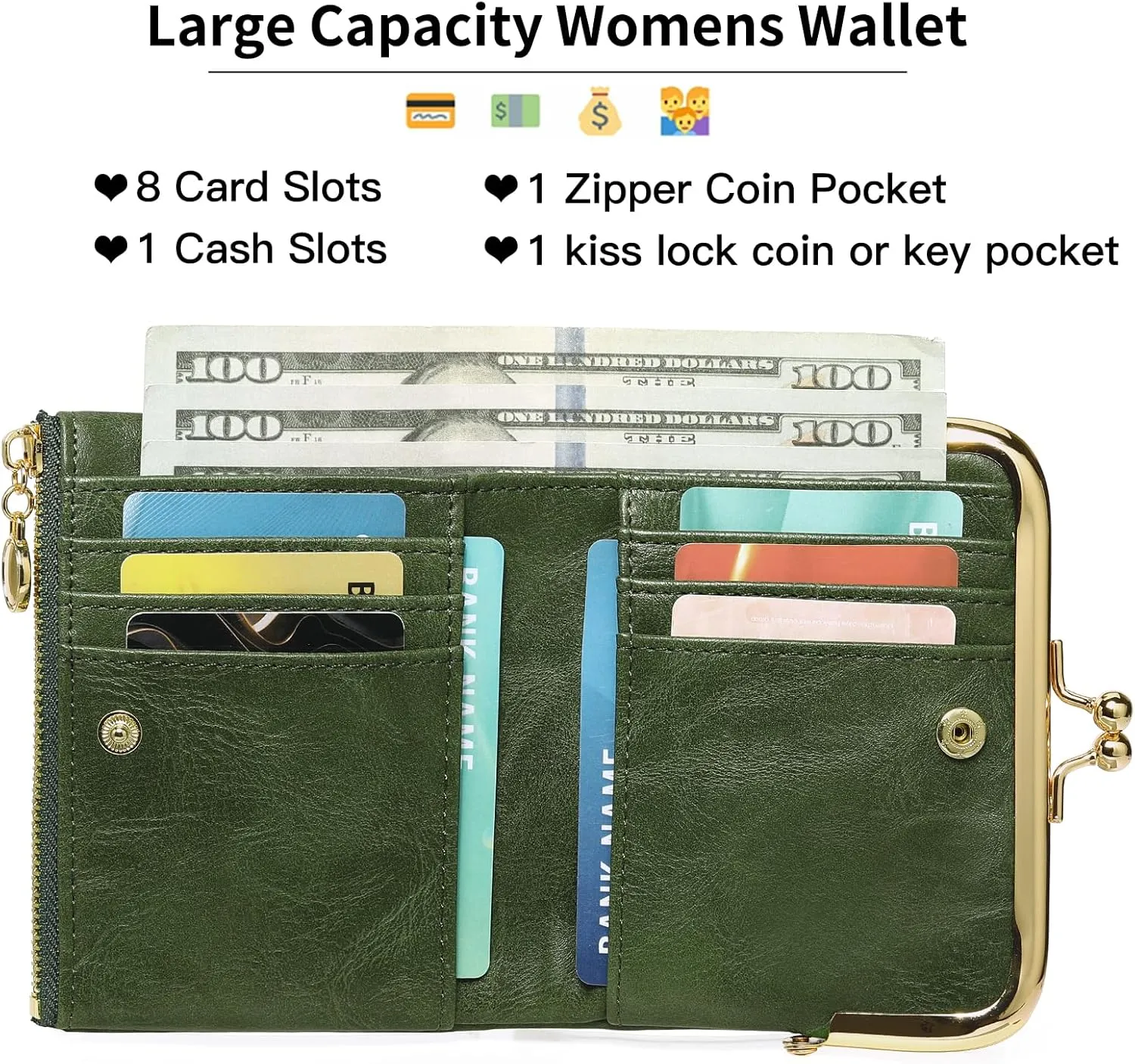 Wallet Women Small RFID Blocking Bifold Leather Wallets for Women Vintage Coin Purse With Zipper and Kiss Lock