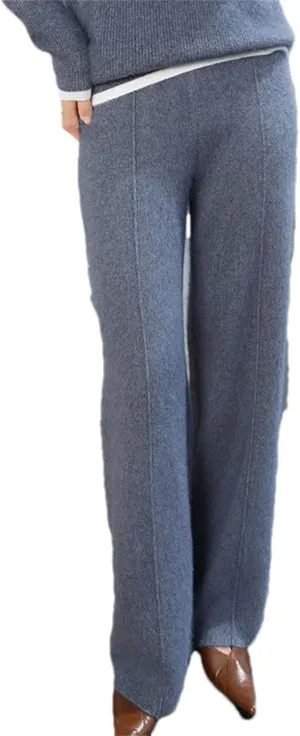 Women Wide Leg Split Wool Knitting Pants Classic Solid Lace Up Soft Warm Stripe Trousers