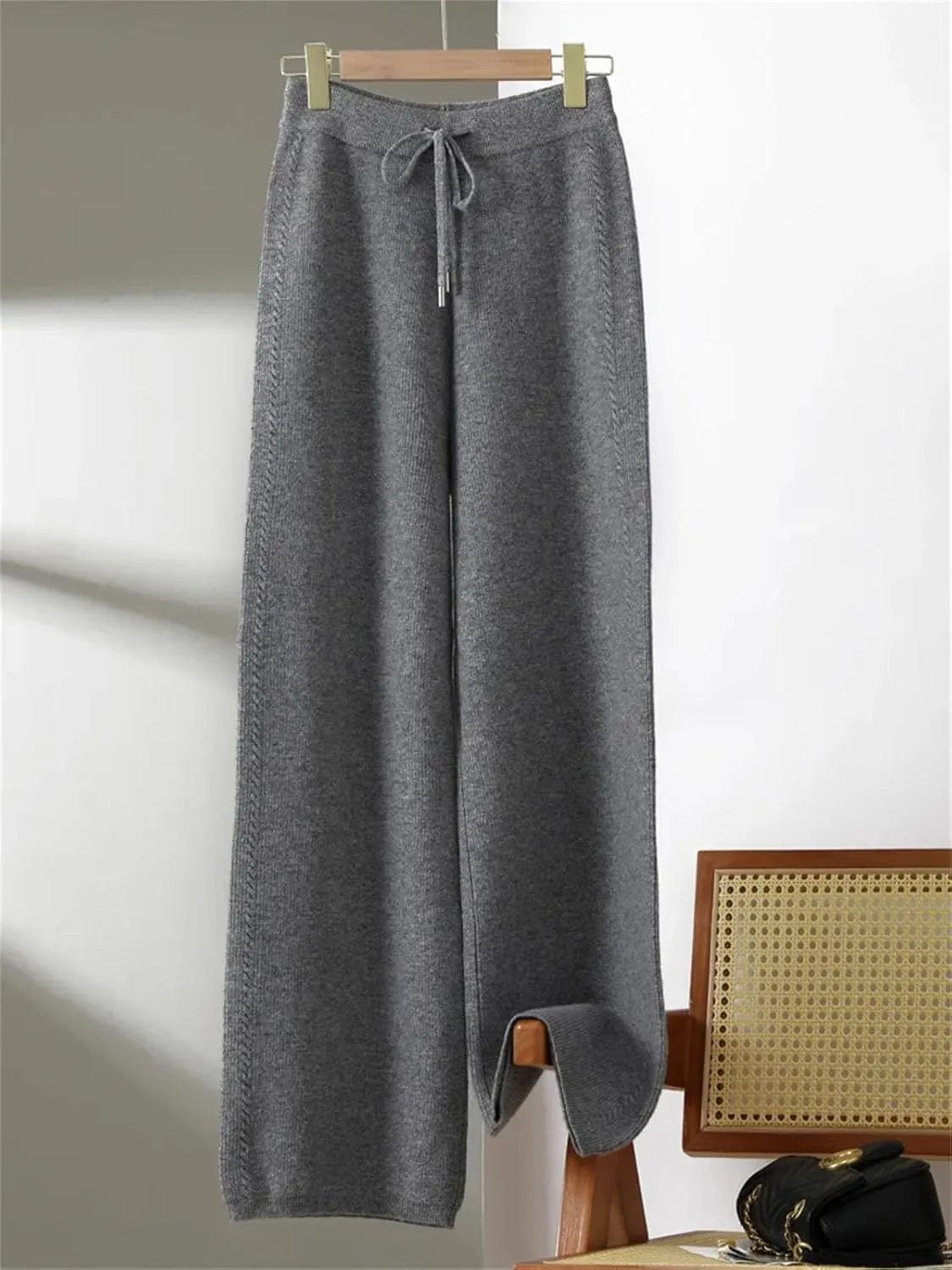 Women Wide-Leg Wool Knitted Elastic Waist Pants Vintage Solid Lace Up Twisted Soft Trousers