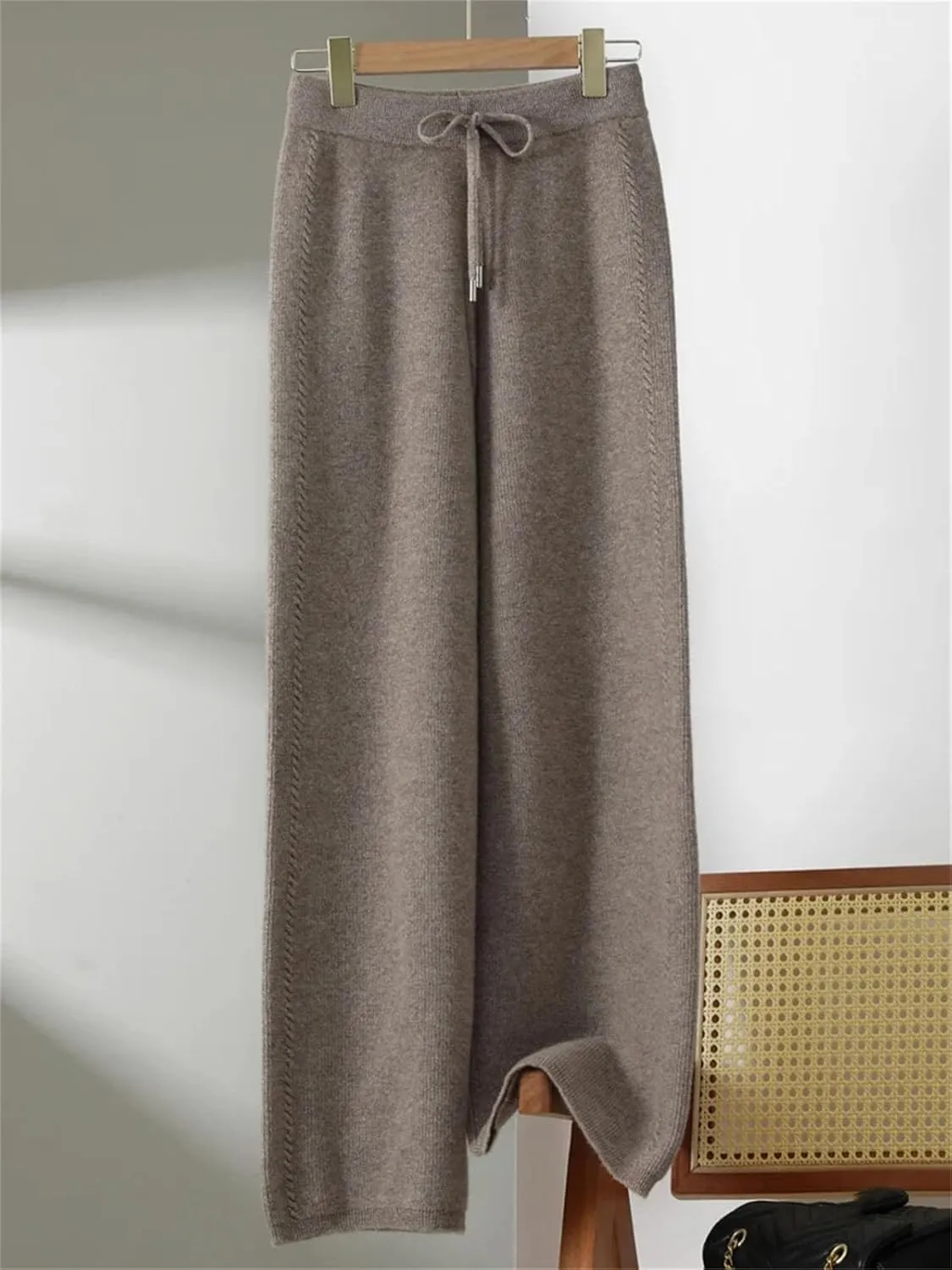 Women Wide-Leg Wool Knitted Elastic Waist Pants Vintage Solid Lace Up Twisted Soft Trousers