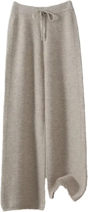 Women Wide-Leg Wool Knitted Elastic Waist Pants Vintage Solid Lace Up Twisted Soft Trousers