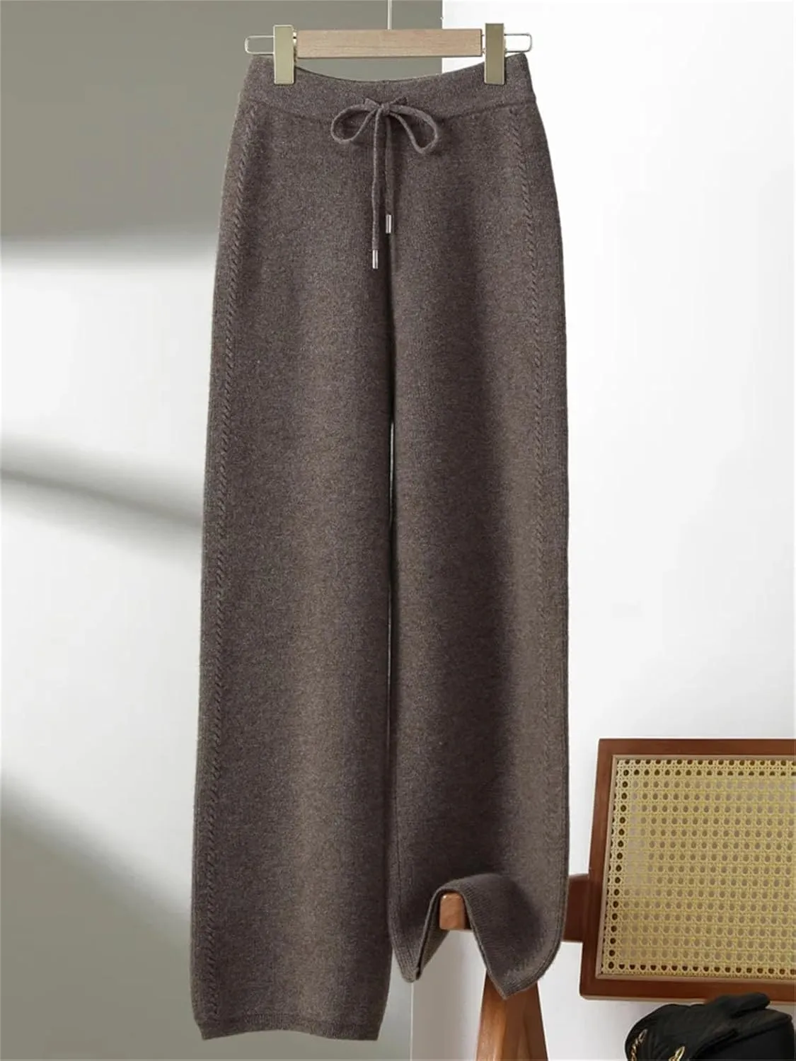 Women Wide-Leg Wool Knitted Elastic Waist Pants Vintage Solid Lace Up Twisted Soft Trousers