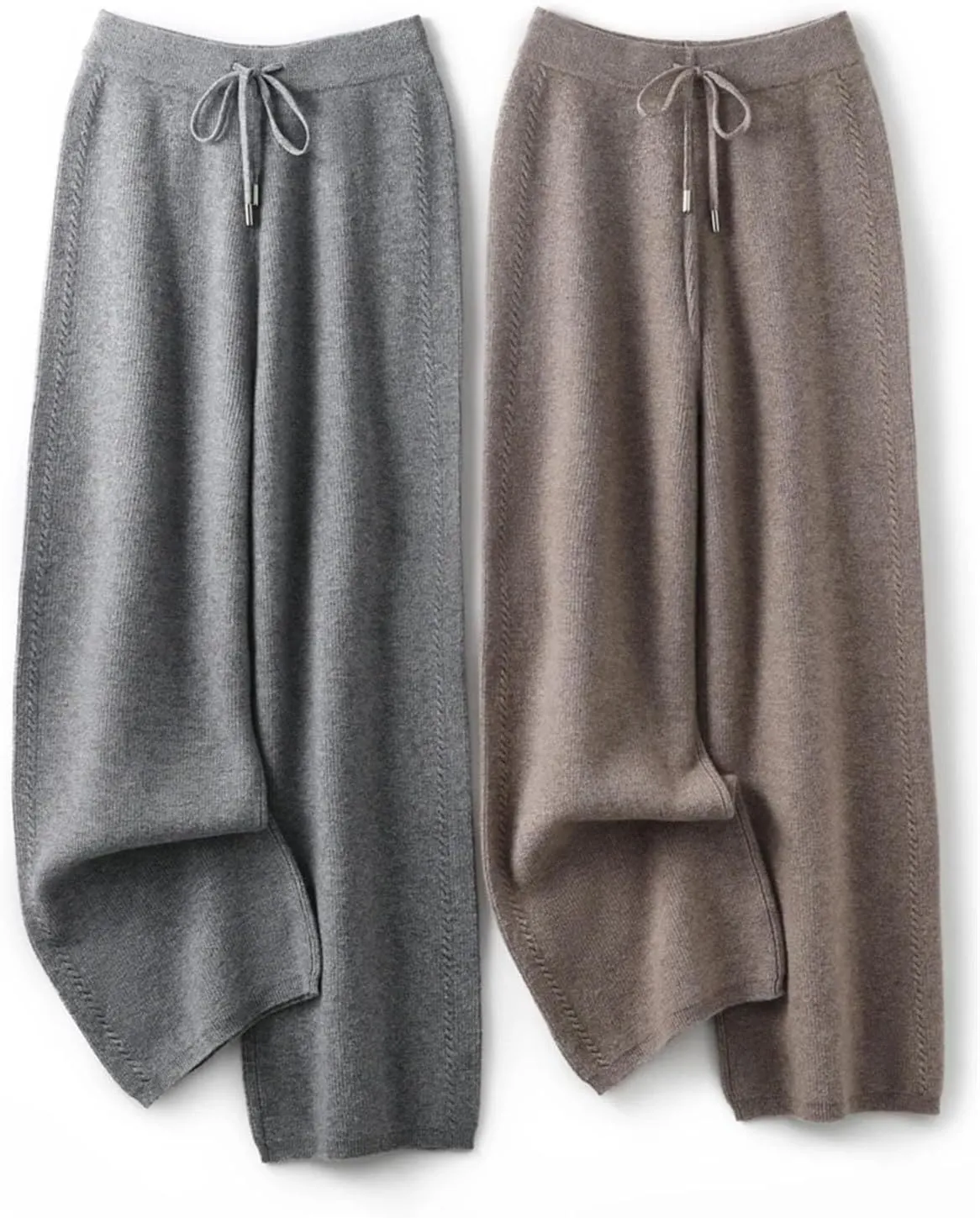 Women Wide-Leg Wool Knitted Elastic Waist Pants Vintage Solid Lace Up Twisted Soft Trousers