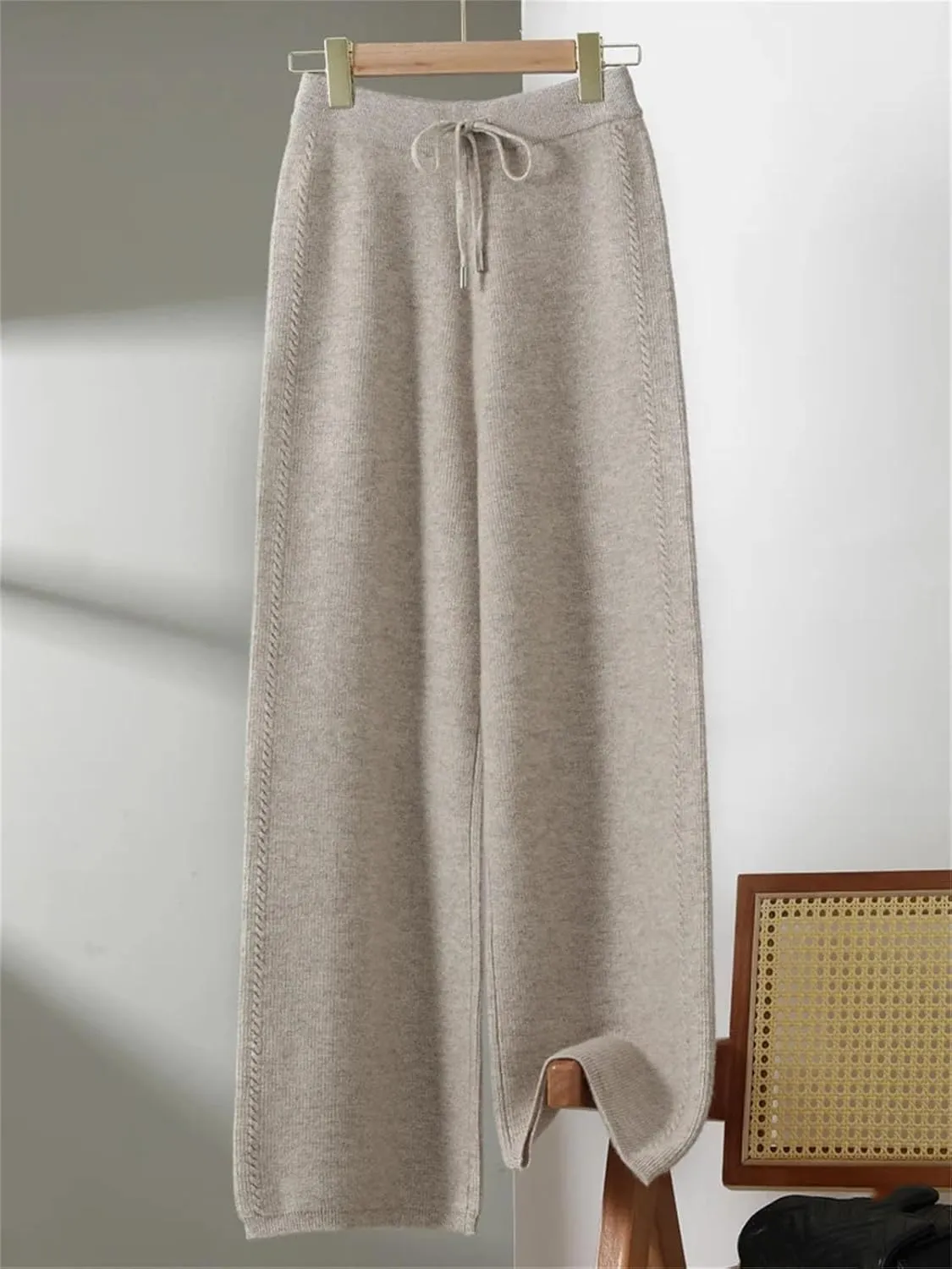 Women Wide-Leg Wool Knitted Elastic Waist Pants Vintage Solid Lace Up Twisted Soft Trousers