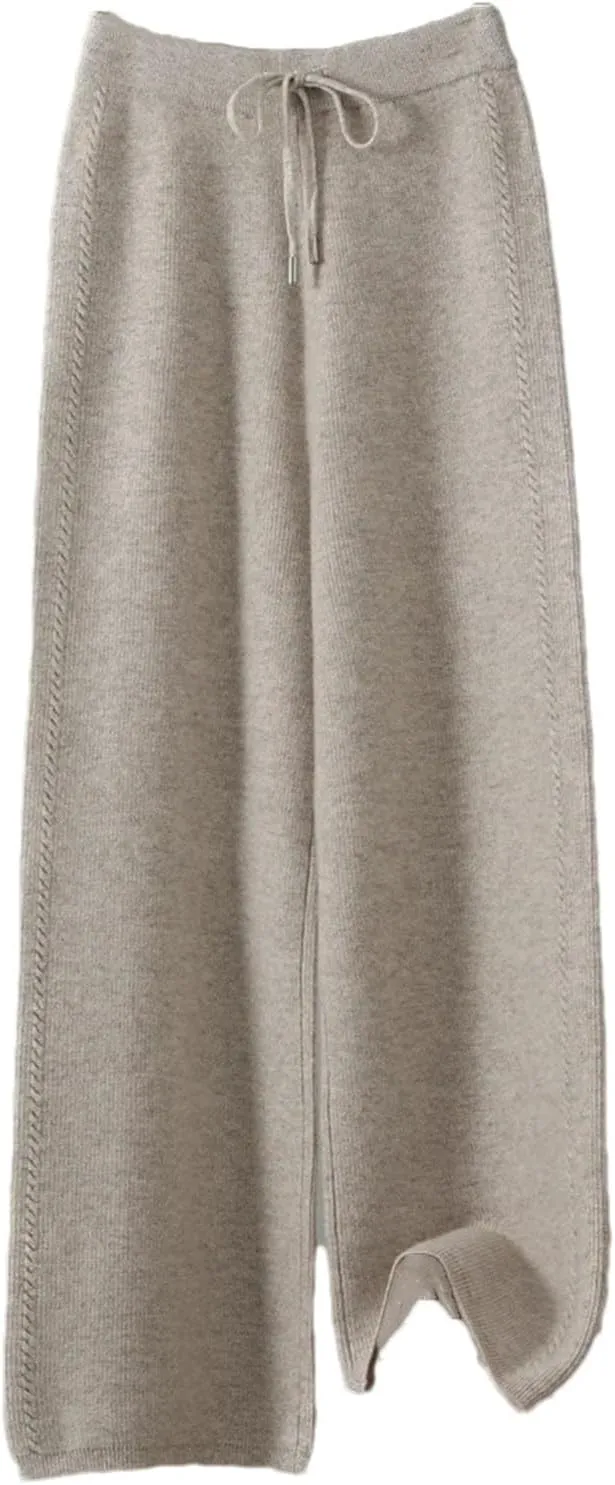 Women Wide-Leg Wool Knitted Elastic Waist Pants Vintage Solid Lace Up Twisted Soft Trousers