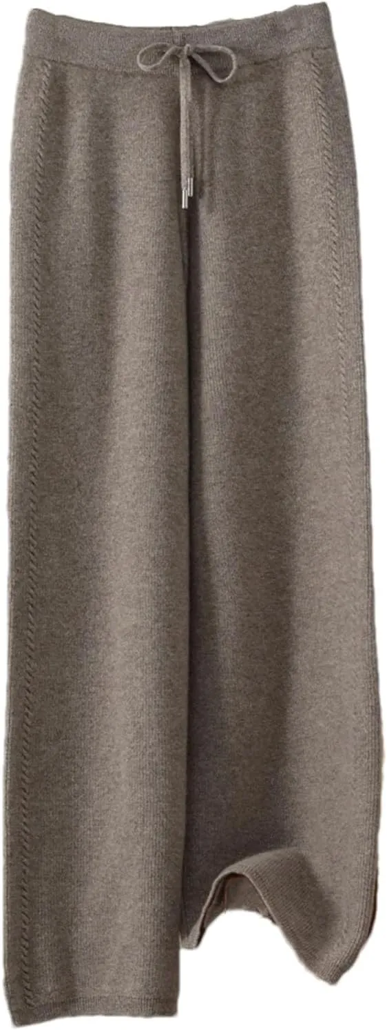 Women Wide-Leg Wool Knitted Elastic Waist Pants Vintage Solid Lace Up Twisted Soft Trousers
