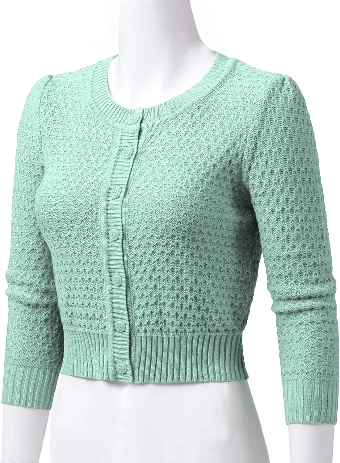Women's 3/4 Sleeve Crew Neck Button Down Cotton Knit Cropped Cardigan Sweater (S-3XL)
