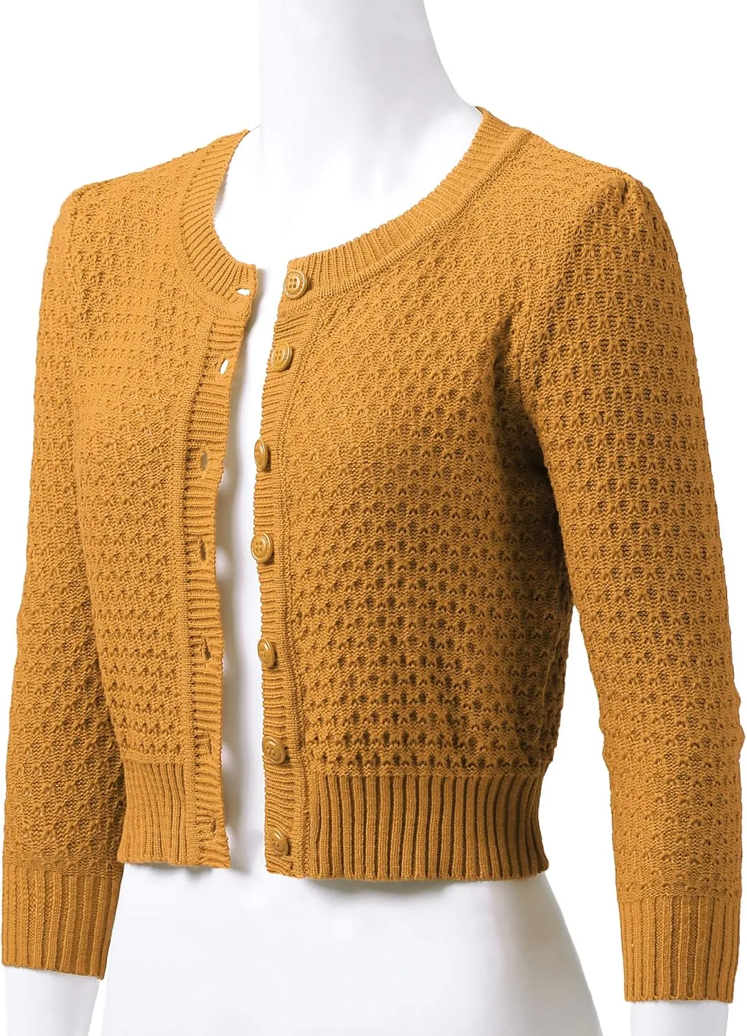 Women's 3/4 Sleeve Crew Neck Button Down Cotton Knit Cropped Cardigan Sweater (S-3XL)