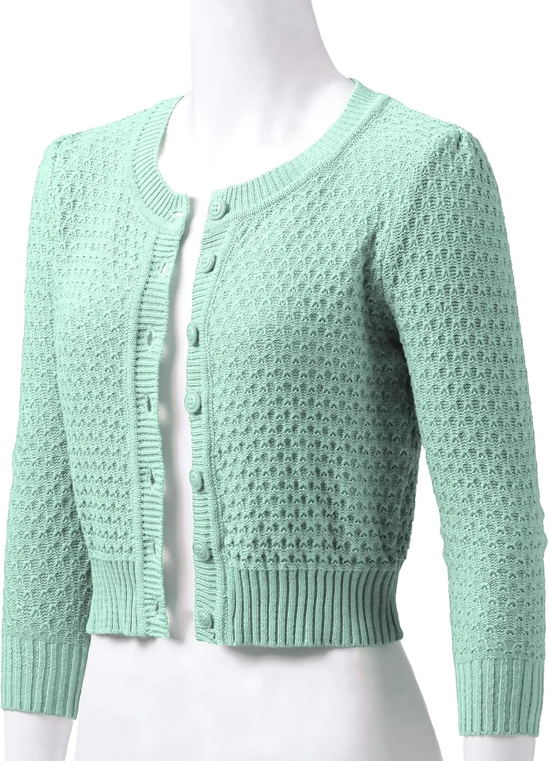 Women's 3/4 Sleeve Crew Neck Button Down Cotton Knit Cropped Cardigan Sweater (S-3XL)