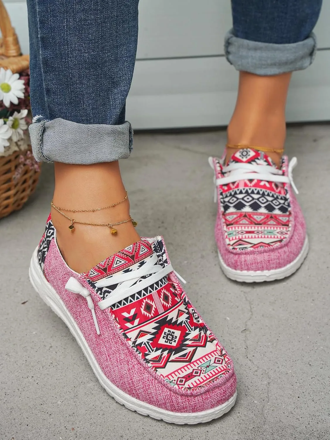 Women's Aztec Print Pattern Canvas Loafer Shoes Ethnic Lace-up Slip-on Sneakers Wide Width and Arch Support Lightweight Walking Breathable Shoes Comfort, Color Blue Brown Rose-Red