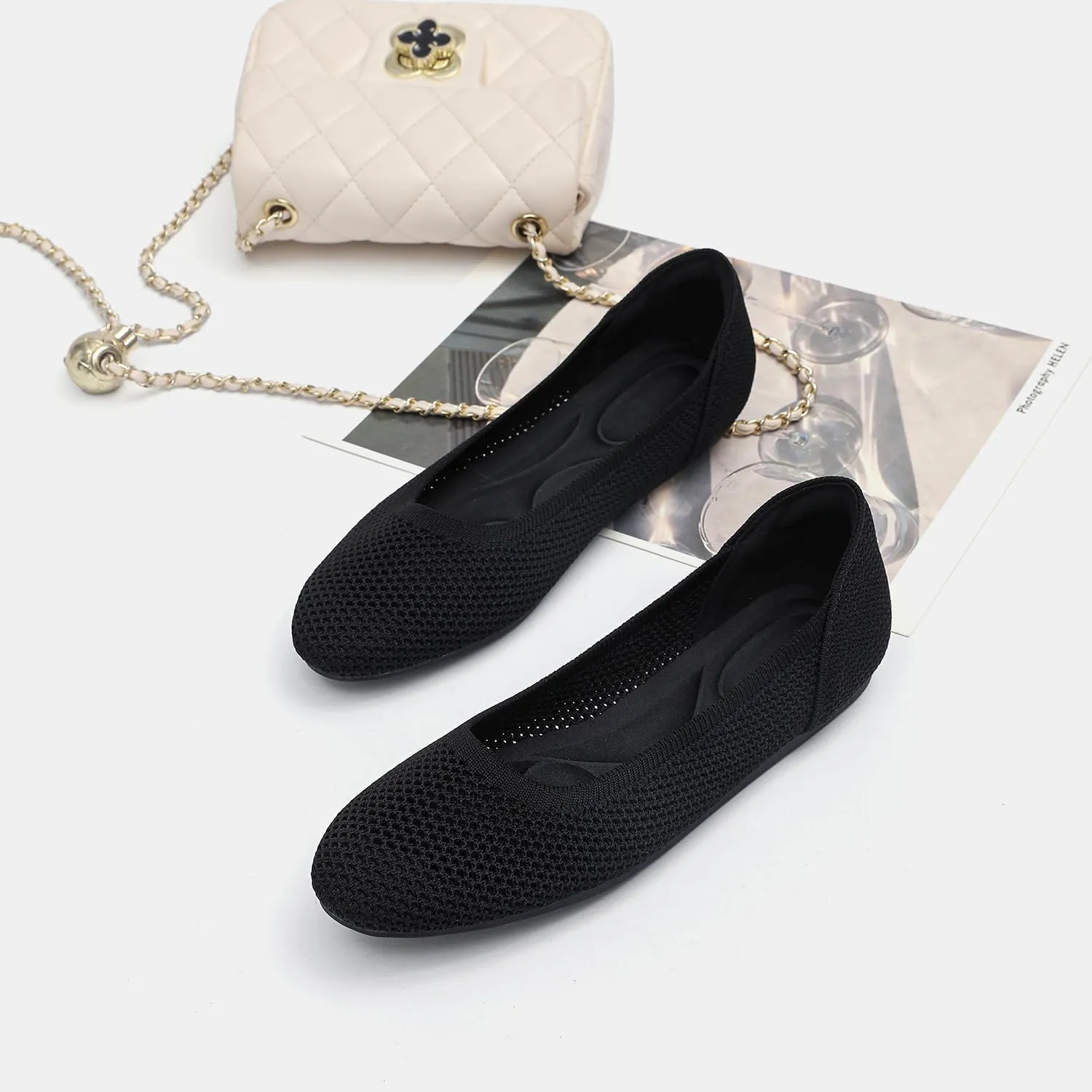 Women’s Ballet Flat Shoes Knit Dress Round Toe Slip On Breathable Classic Hollowed Out Walking Comfortable Casual Soft Shoes