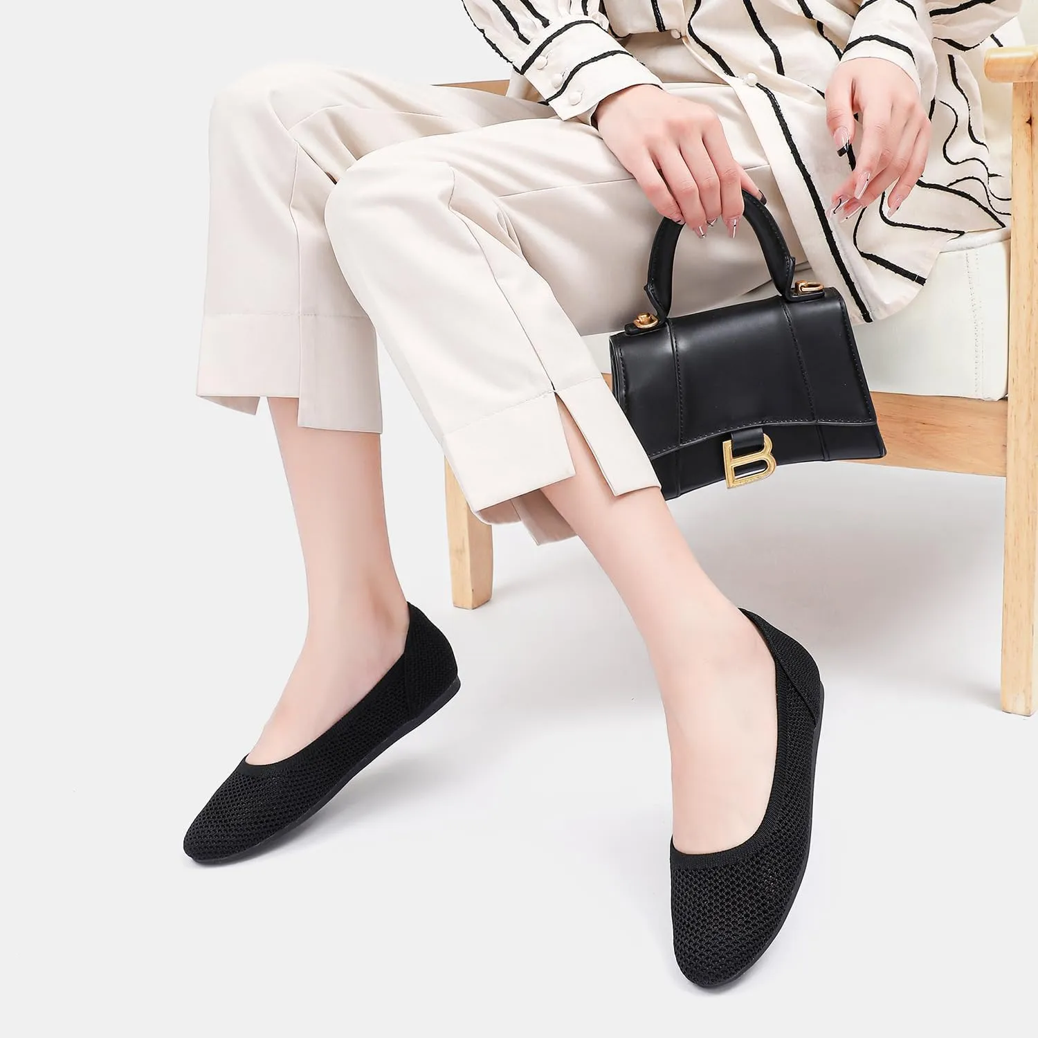 Women’s Ballet Flat Shoes Knit Dress Round Toe Slip On Breathable Classic Hollowed Out Walking Comfortable Casual Soft Shoes