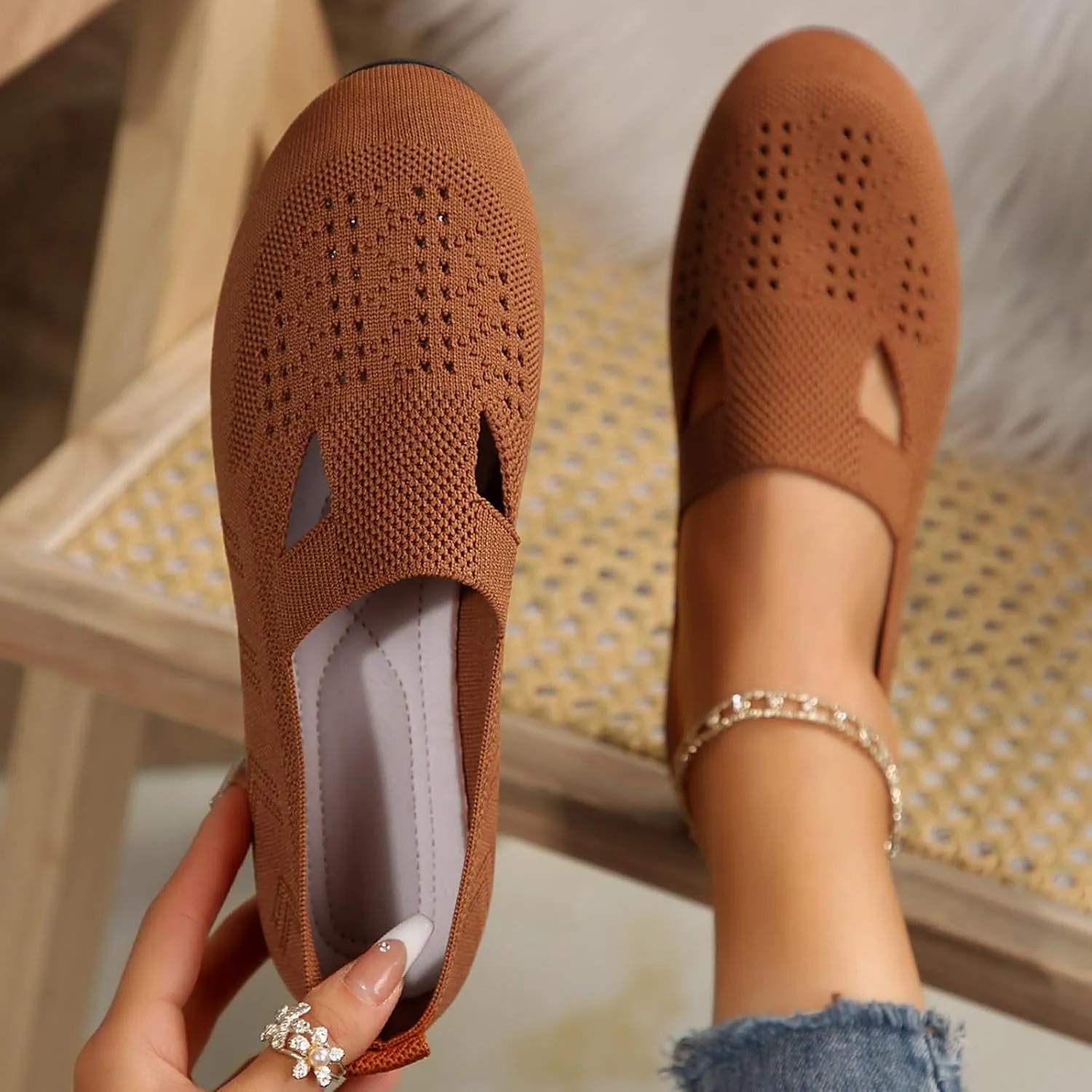 Women's Ballet Flats Soft Knit Lightweight Round Toe Slip On Comfort Ballerina Flat Shoes for Walking
