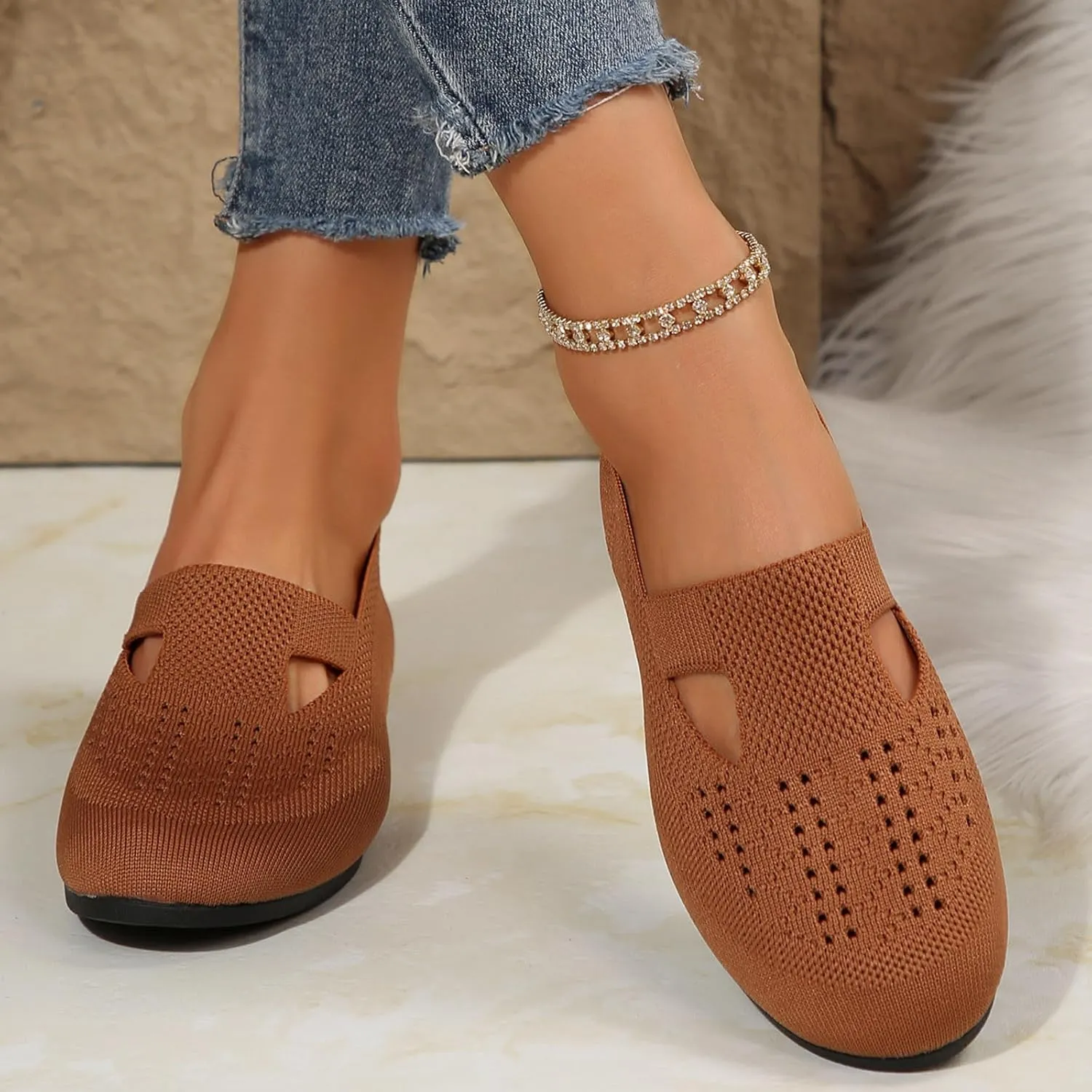 Women's Ballet Flats Soft Knit Lightweight Round Toe Slip On Comfort Ballerina Flat Shoes for Walking