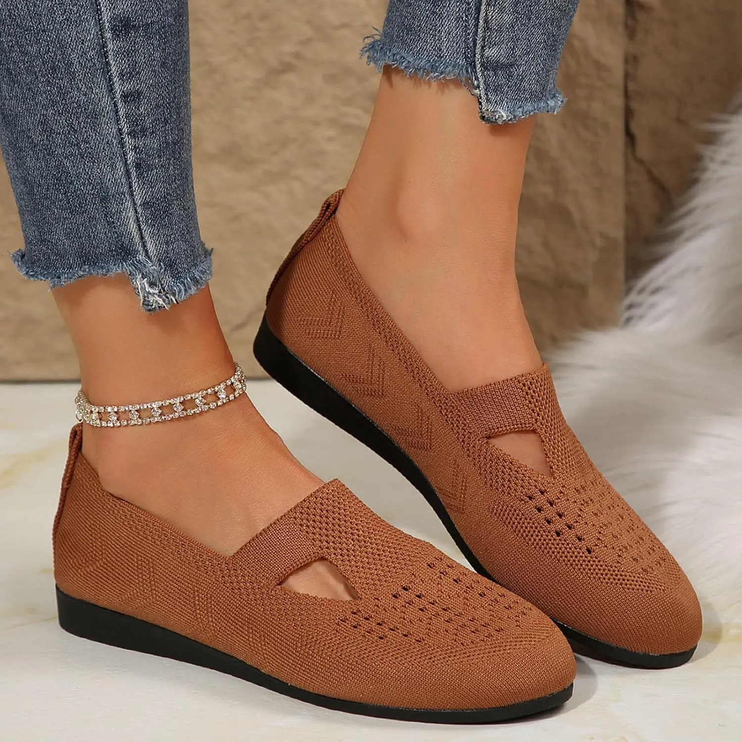 Women's Ballet Flats Soft Knit Lightweight Round Toe Slip On Comfort Ballerina Flat Shoes for Walking