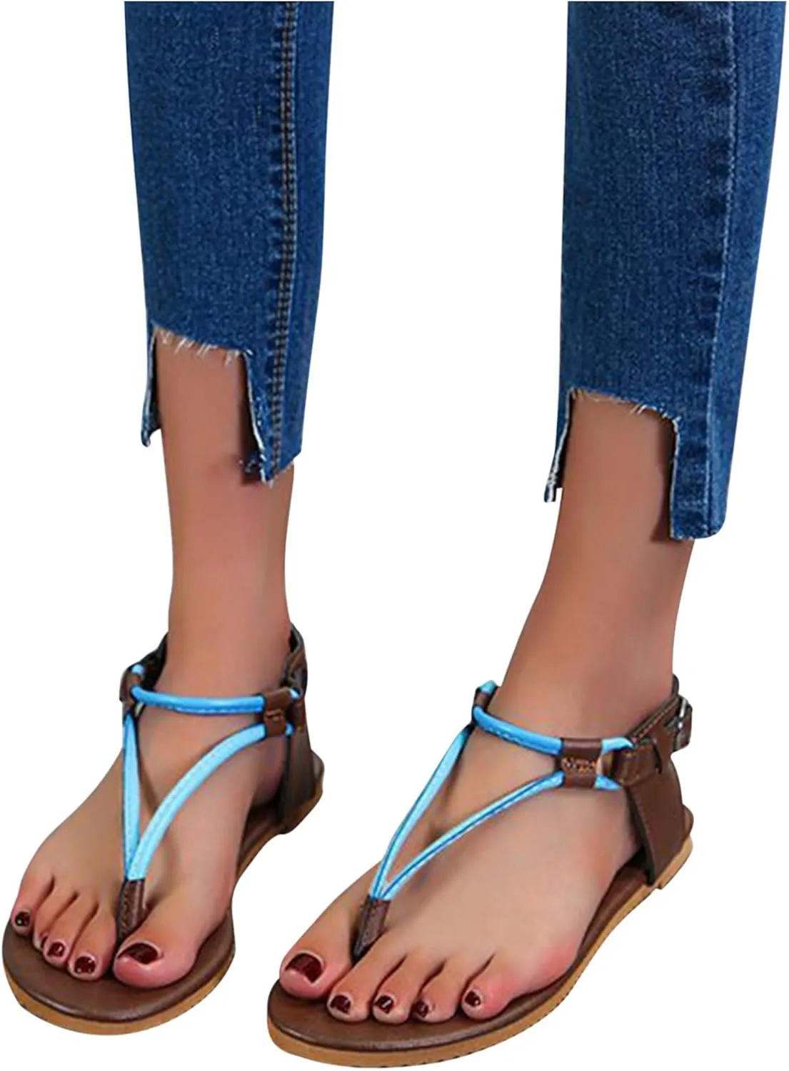 Women’s Classic Retro T-Strap Sandals Summer Beach Thong Flats with Adjustable Buckle Casual Soft Dressy Sandal