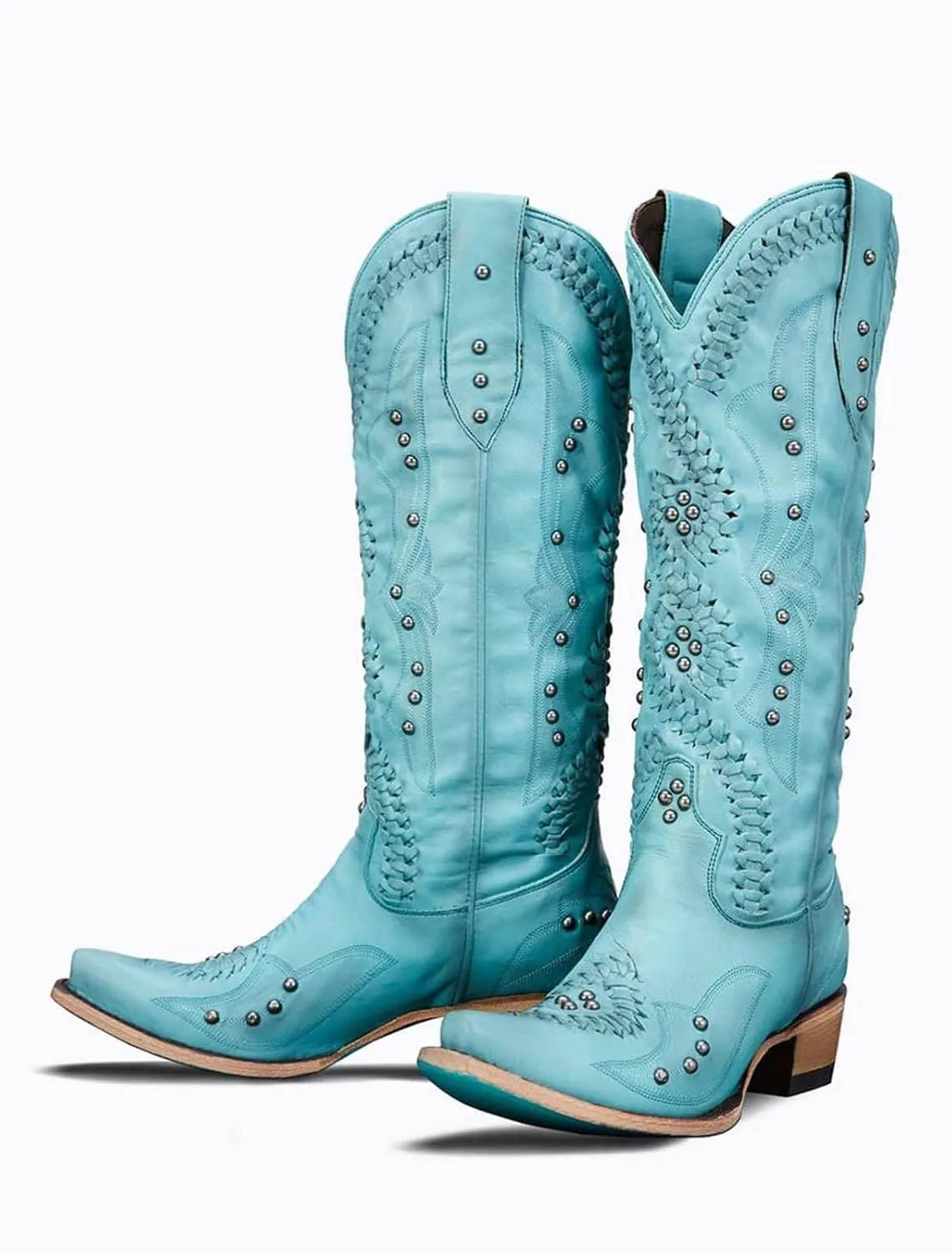 Women's Cowboy Knee High Boots With Slip On Almond Toe Chunky Heel Dress Boots Studded Rivets Embroidered Design