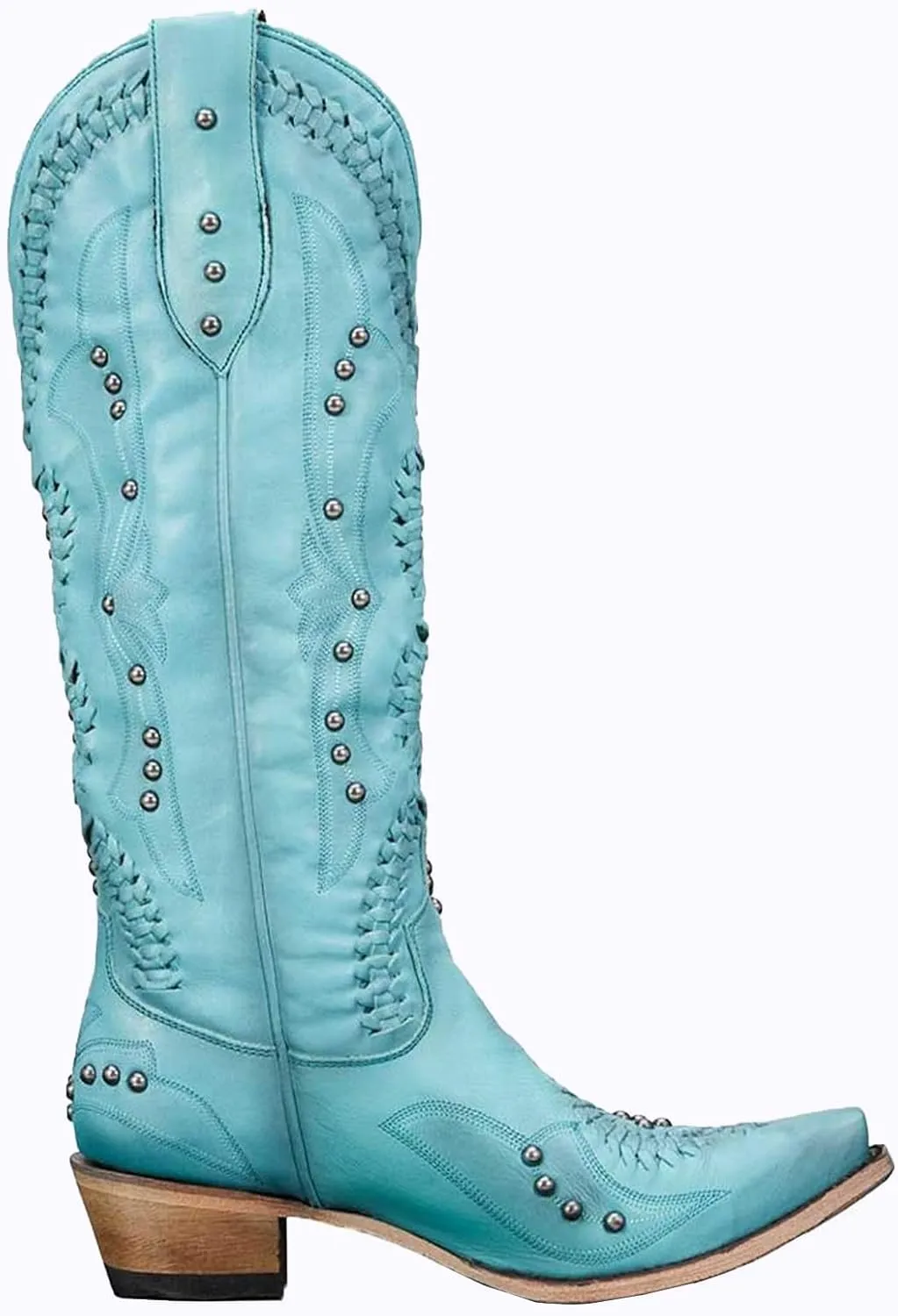 Women's Cowboy Knee High Boots With Slip On Almond Toe Chunky Heel Dress Boots Studded Rivets Embroidered Design