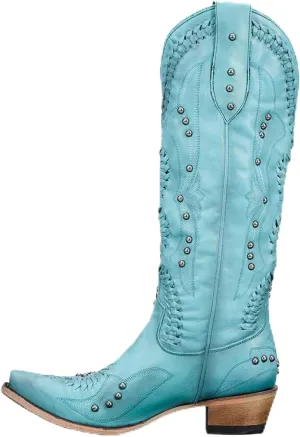 Women's Cowboy Knee High Boots With Slip On Almond Toe Chunky Heel Dress Boots Studded Rivets Embroidered Design